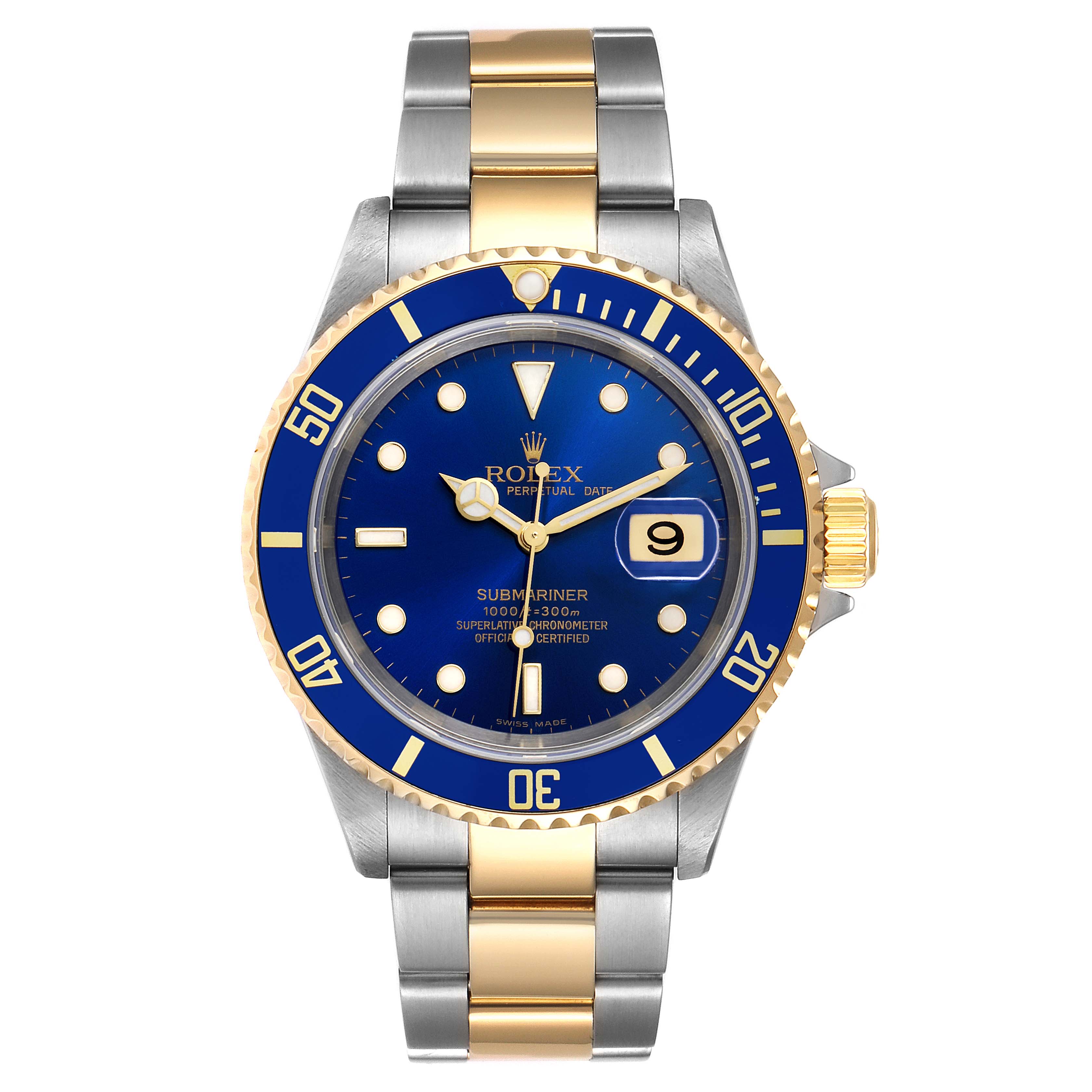 The image shows a front view of the Rolex Submariner 16613 Men's Steel and Gold (two tone) Blue Dial 16613 Men's Steel and Gold (two tone) Blue Dial watch, featuring a blue dial and bezel with gold accents and a two-tone bracelet.