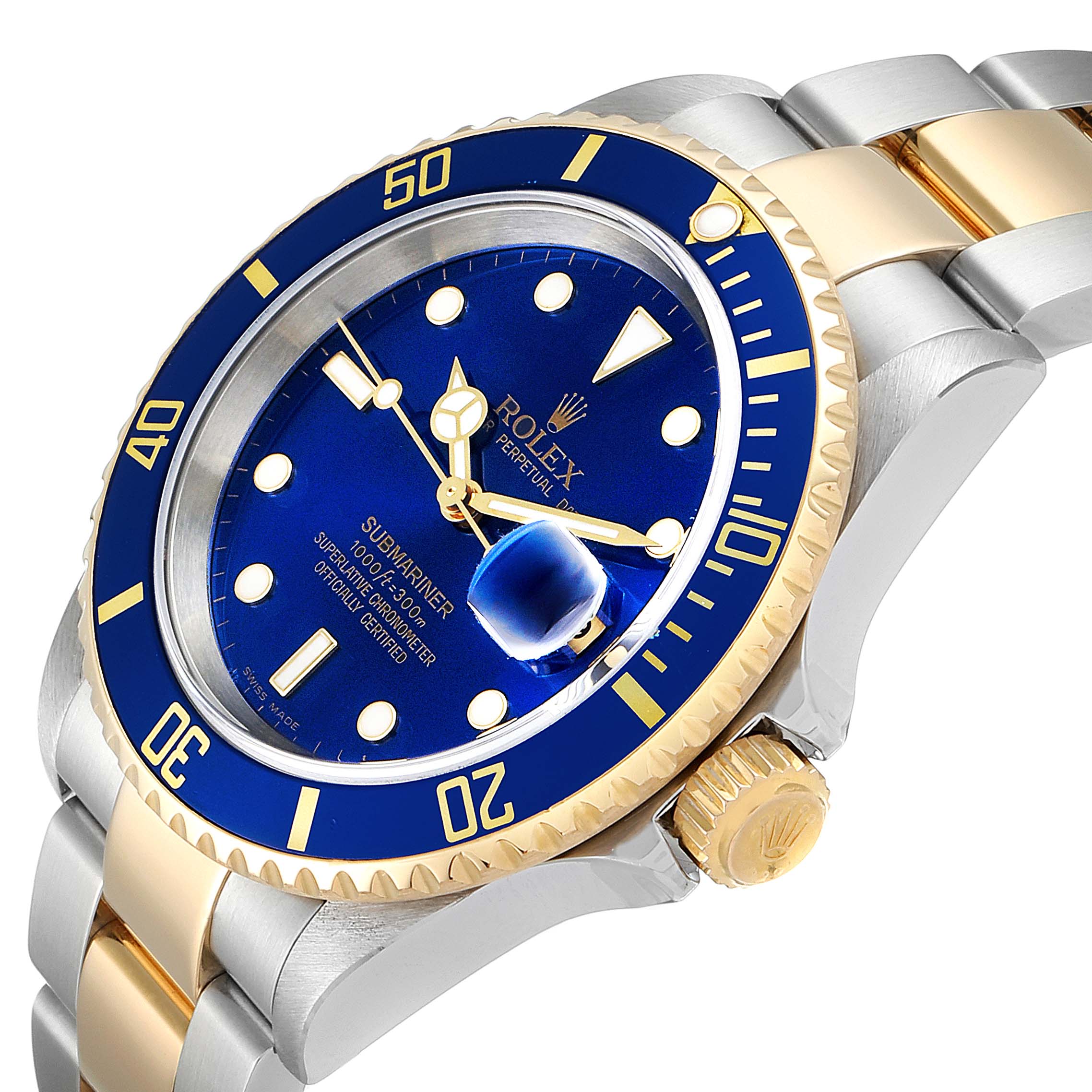 The image shows a Rolex Submariner 16613 Men's Steel and Gold (two tone) Blue Dial 16613 Men's Steel and Gold (two tone) Blue Dial watch at an oblique angle, highlighting the bezel, crown, and part of the bracelet.