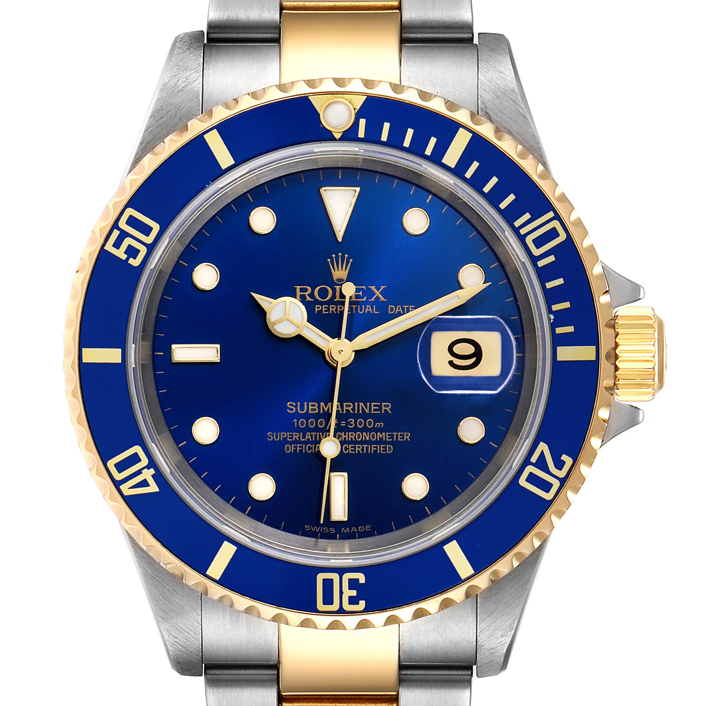 The image shows a front view of a Rolex Submariner 16613 Men's Steel and Gold (two tone) Blue Dial 16613 Men's Steel and Gold (two tone) Blue Dial watch featuring a blue dial and bezel with gold accents and a date display.