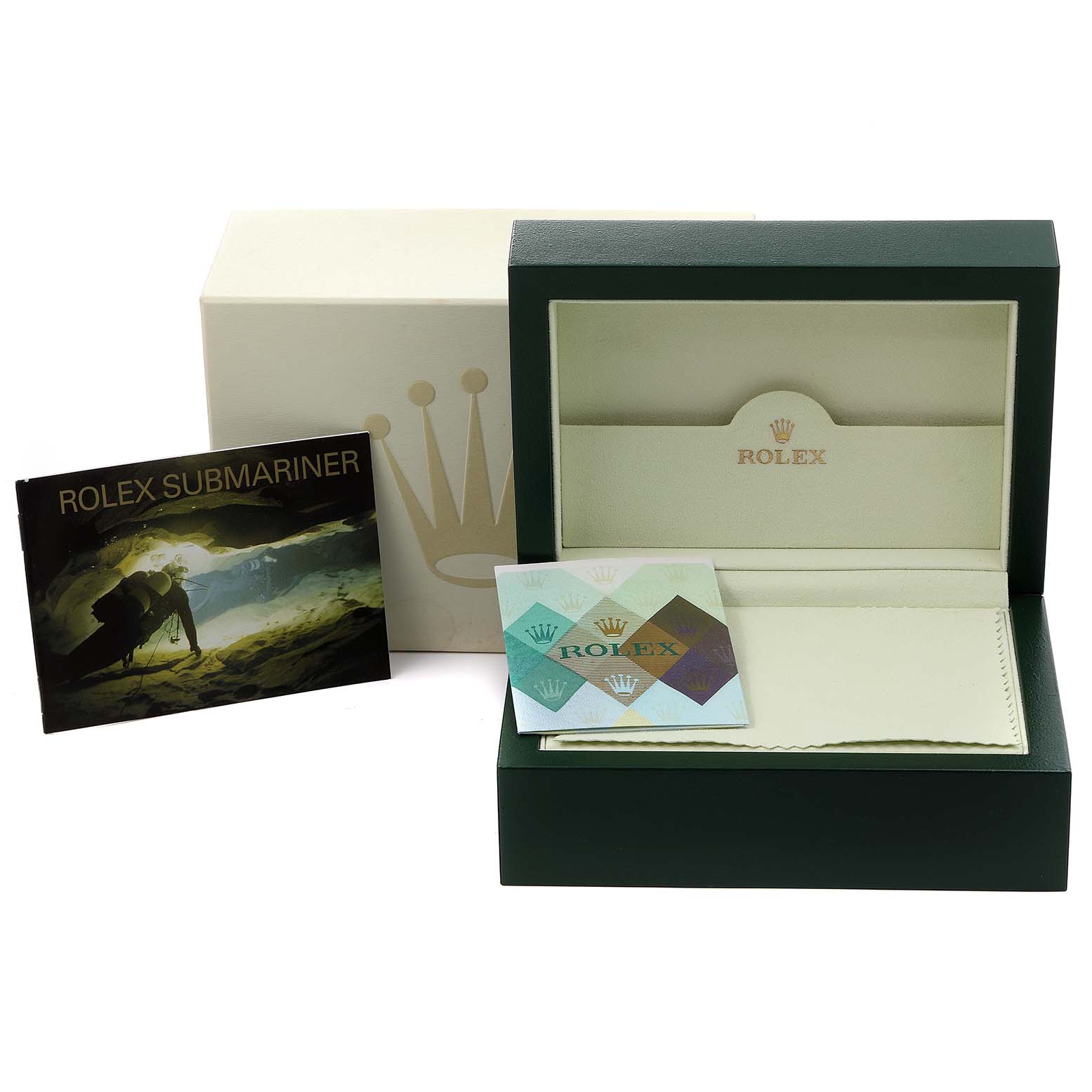 The image shows the packaging, booklet, and authenticity card for a Rolex Submariner 16613 Men's Steel and Gold (two tone) Blue Dial 16613 Men's Steel and Gold (two tone) Blue Dial watch.