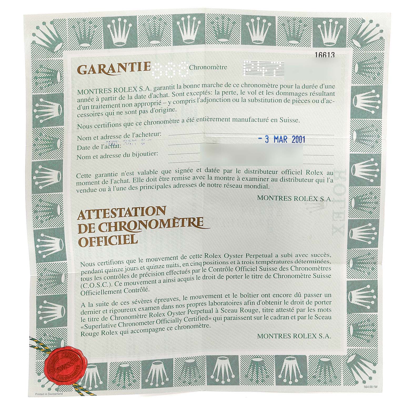 The image shows a warranty certificate for a Rolex Submariner 16613 Men's Steel and Gold (two tone) Blue Dial 16613 Men's Steel and Gold (two tone) Blue Dial watch.