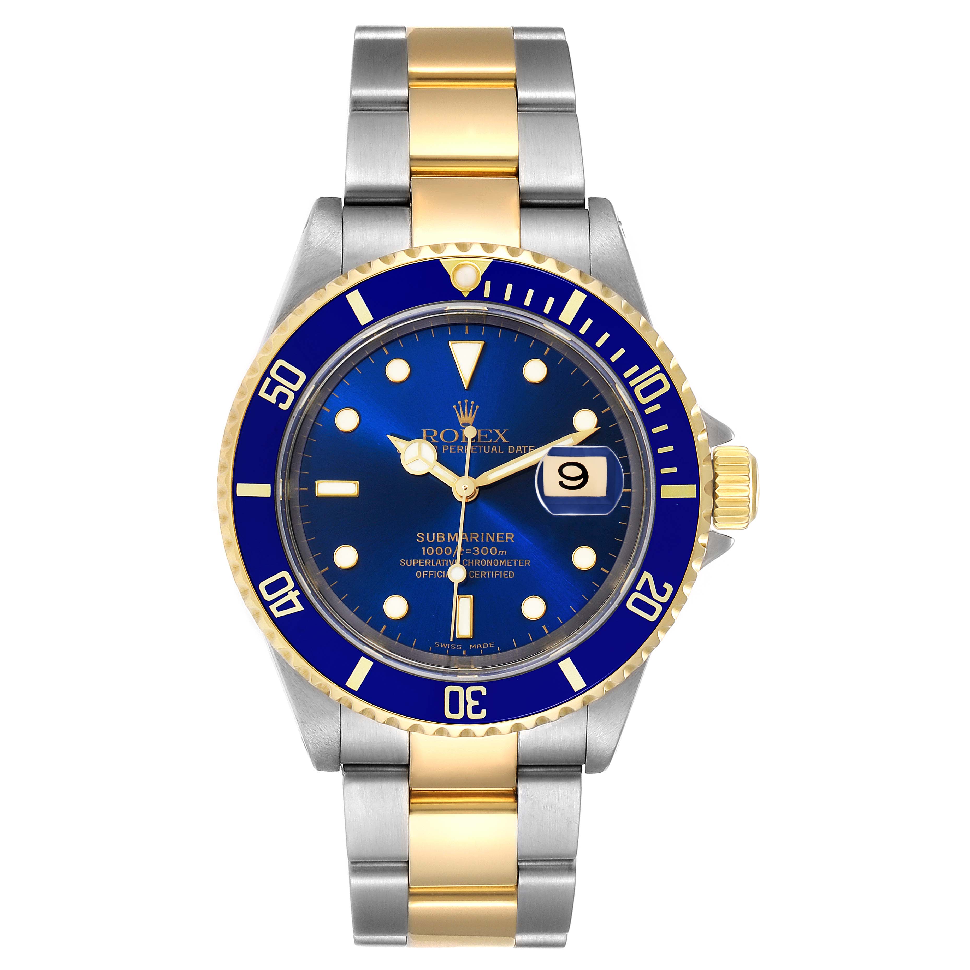 The image shows a frontal view of a Rolex Submariner 16613 Men's Steel and Gold (two tone) Blue Dial 16613 Men's Steel and Gold (two tone) Blue Dial with a blue dial, gold accents, and a two-tone metal bracelet.