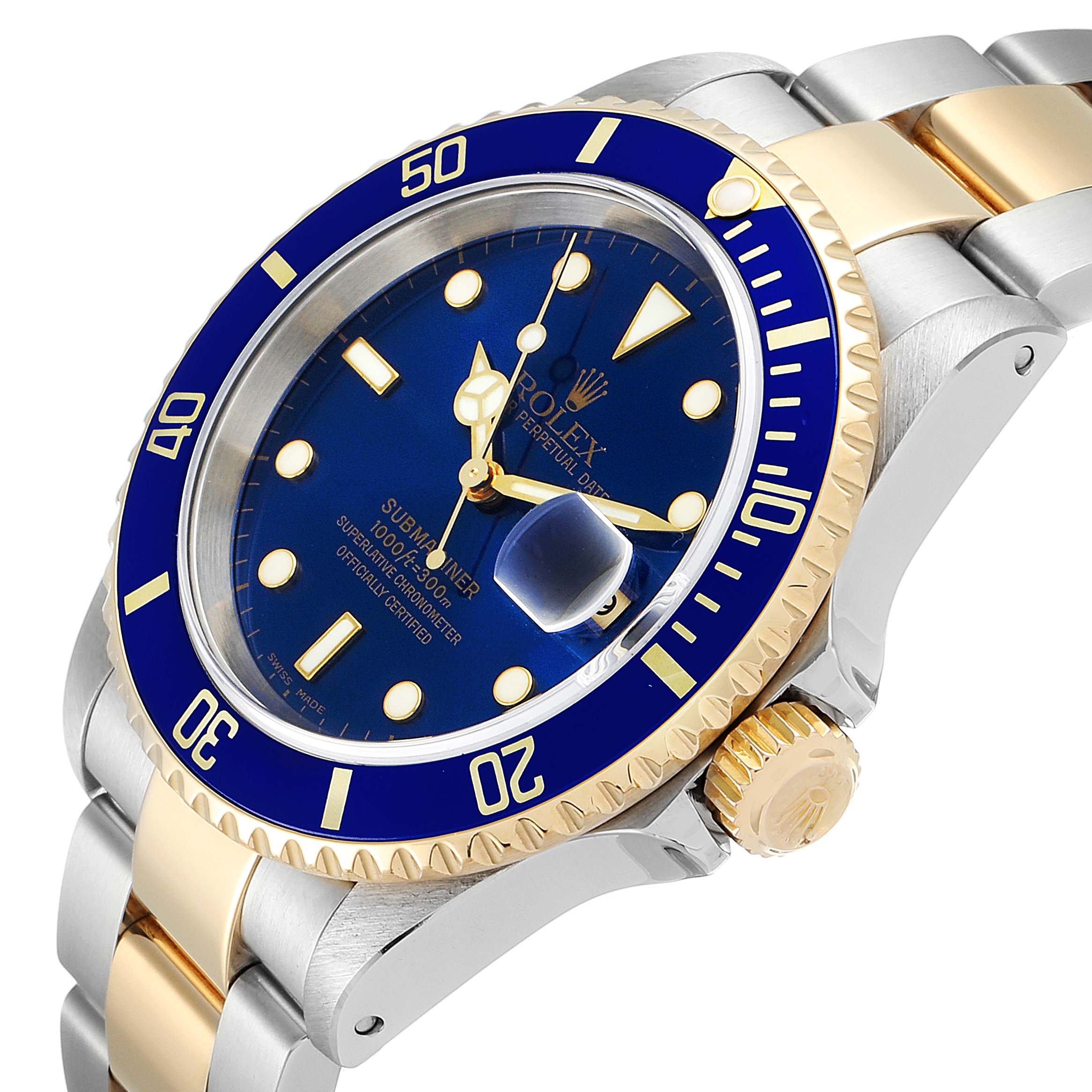 The image shows a side angle of a Rolex Submariner 16613 Men's Steel and Gold (two tone) Blue Dial 16613 Men's Steel and Gold (two tone) Blue Dial watch featuring its blue dial, bezel, crown, and stainless steel and gold bracelet.