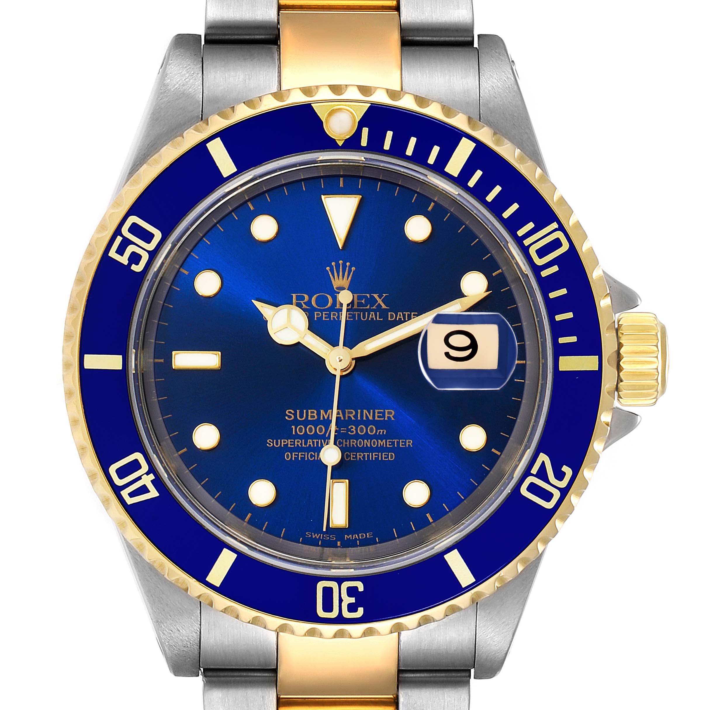 The image shows a front view of a Rolex Submariner 16613 Men's Steel and Gold (two tone) Blue Dial 16613 Men's Steel and Gold (two tone) Blue Dial watch, displaying the blue dial, bezel, and two-tone bracelet.