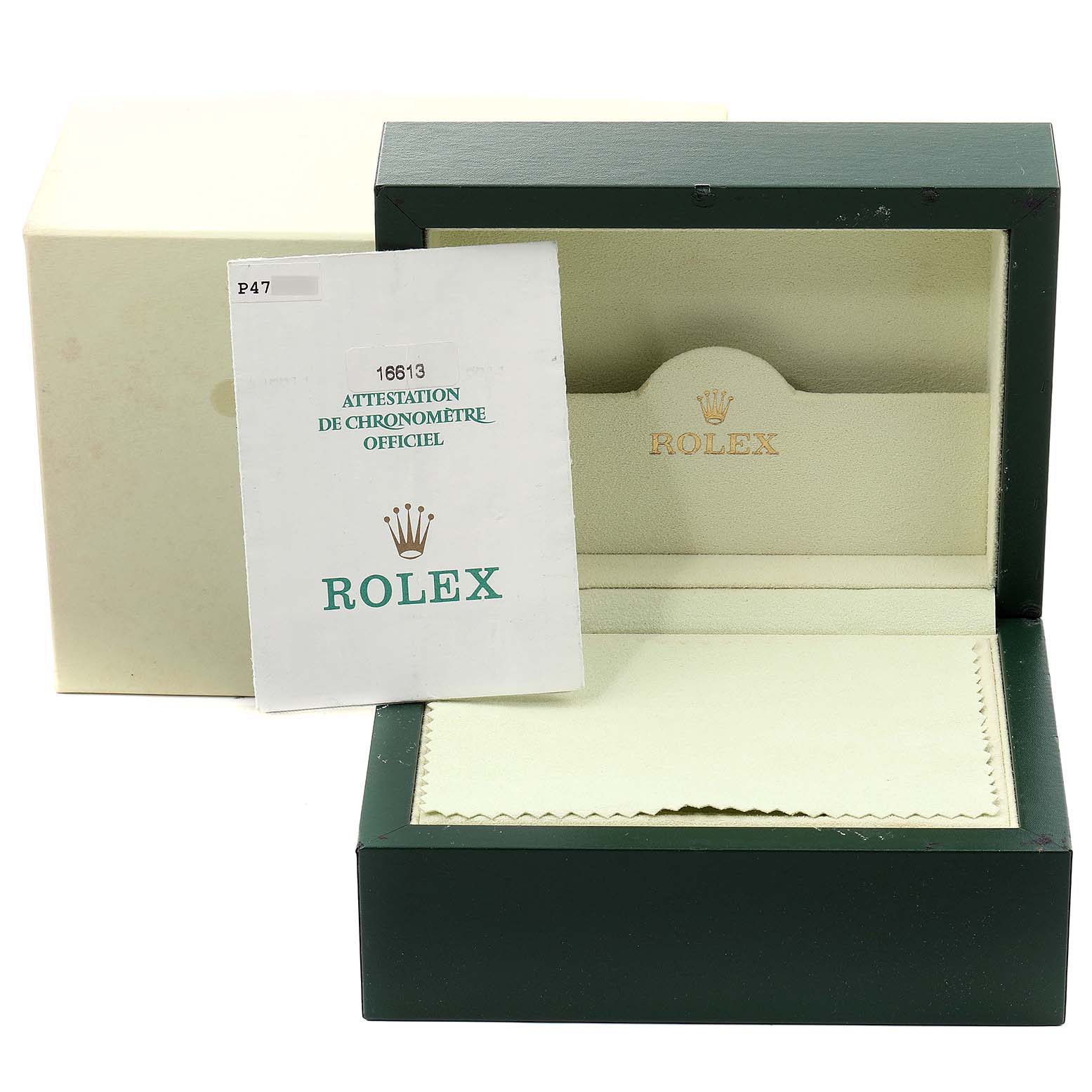 This image shows a Rolex Submariner 16613 Men's Steel and Gold (two tone) Blue Dial 16613 Men's Steel and Gold (two tone) Blue Dial model's green outer box, inner display case, and certification document.