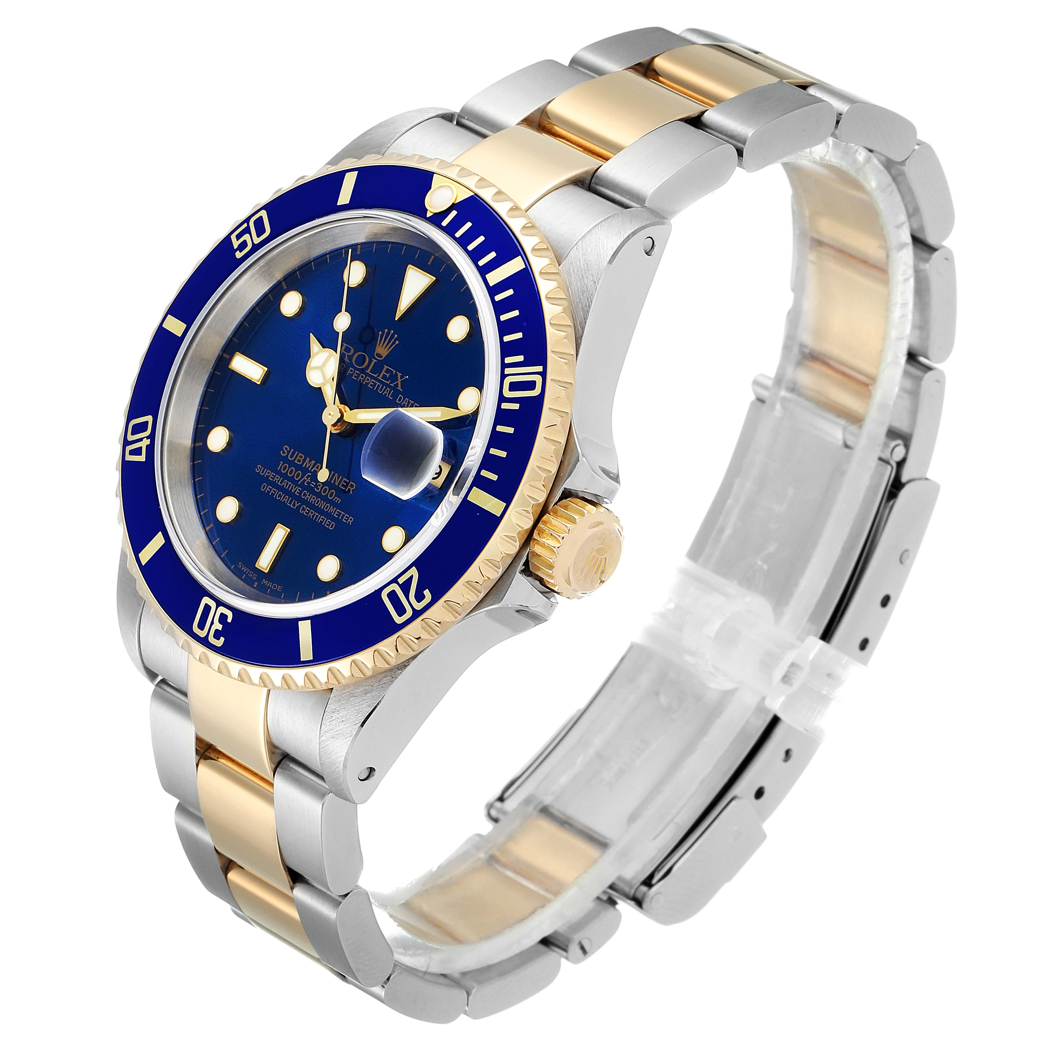The image shows a Rolex Submariner 16613 Men's Steel and Gold (two tone) Blue Dial 16613 Men's Steel and Gold (two tone) Blue Dial watch at a slight side angle, featuring its blue dial, gold and stainless steel bracelet, and rotating bezel.