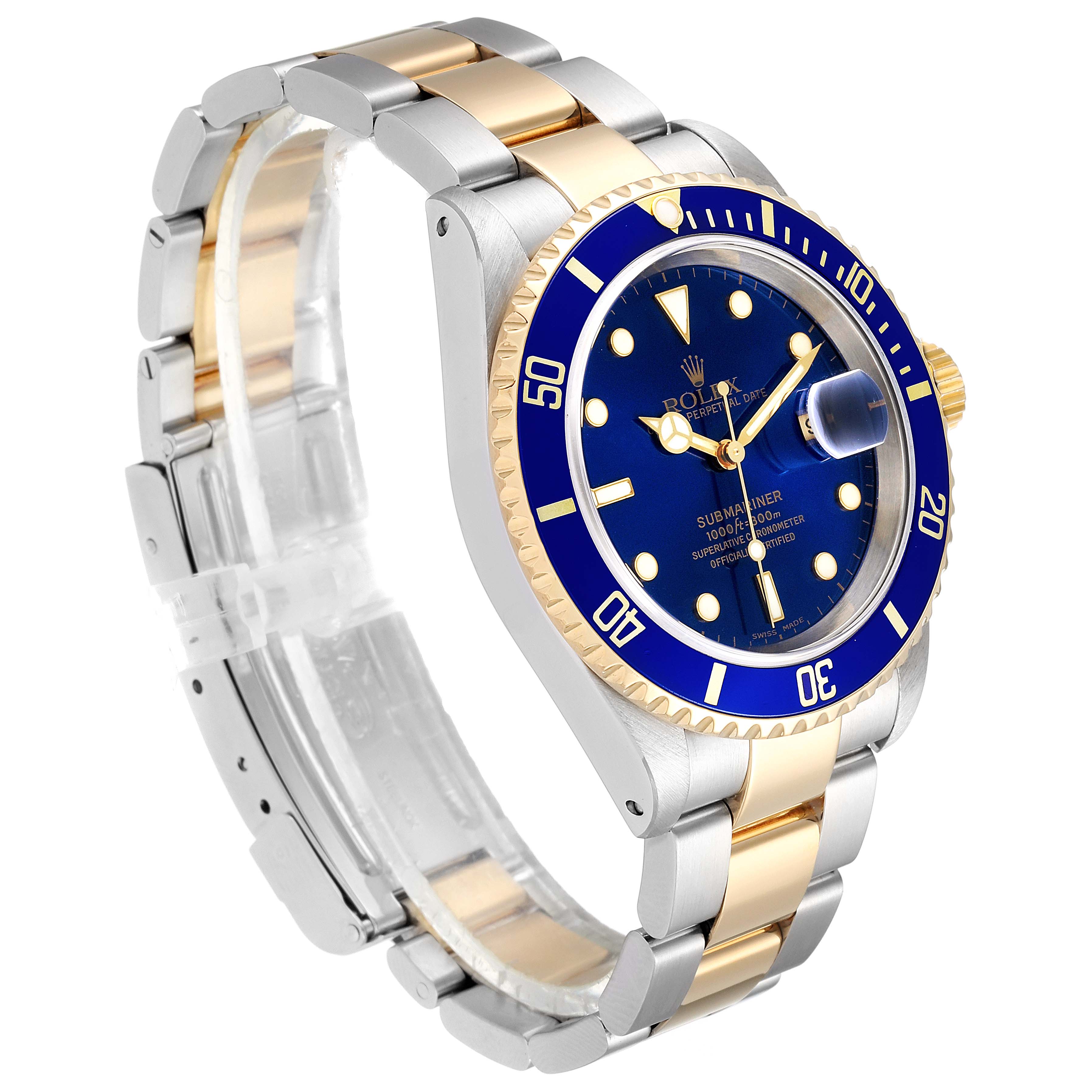 The image shows a side angle of the Rolex Submariner 16613 Men's Steel and Gold (two tone) Blue Dial 16613 Men's Steel and Gold (two tone) Blue Dial watch, highlighting the blue dial, gold bezel, and two-tone bracelet.