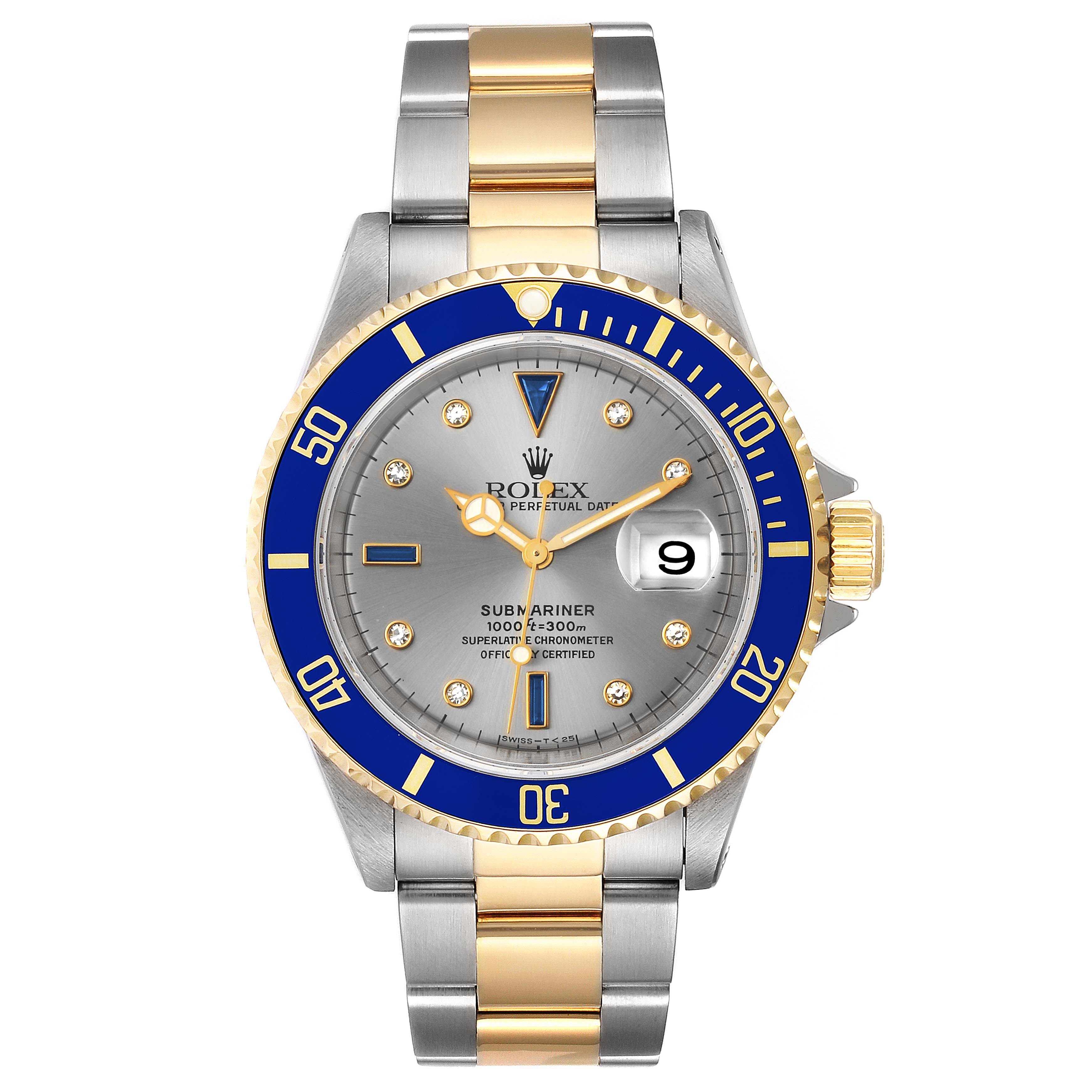 This Rolex Submariner 16613 Men's Steel and Gold (two tone) Grey Dial 16613 Men's Steel and Gold (two tone) Grey Dial watch is shown from the front, highlighting its bezel, dial, crown, and bracelet.