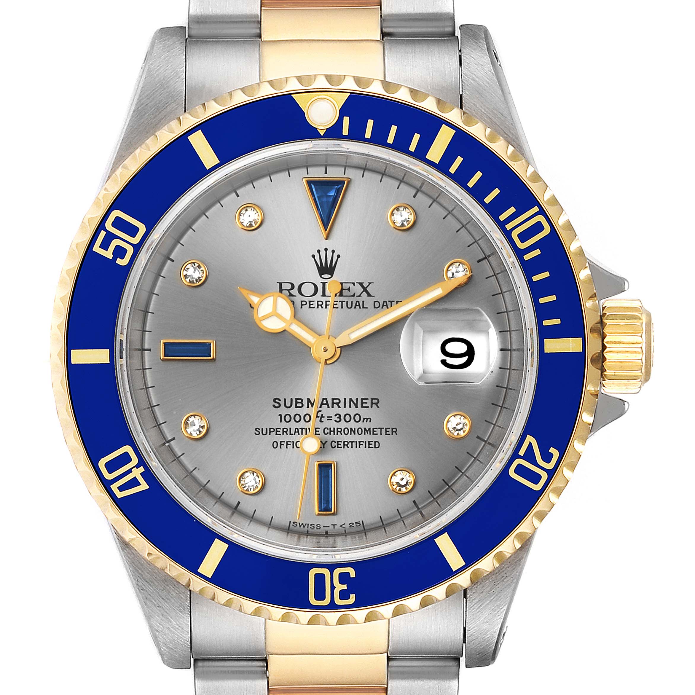 This Rolex Submariner 16613 Men's Steel and Gold (two tone) Grey Dial 16613 Men's Steel and Gold (two tone) Grey Dial watch is shown from a front angle, displaying the dial, bezel, and part of the bracelet.
