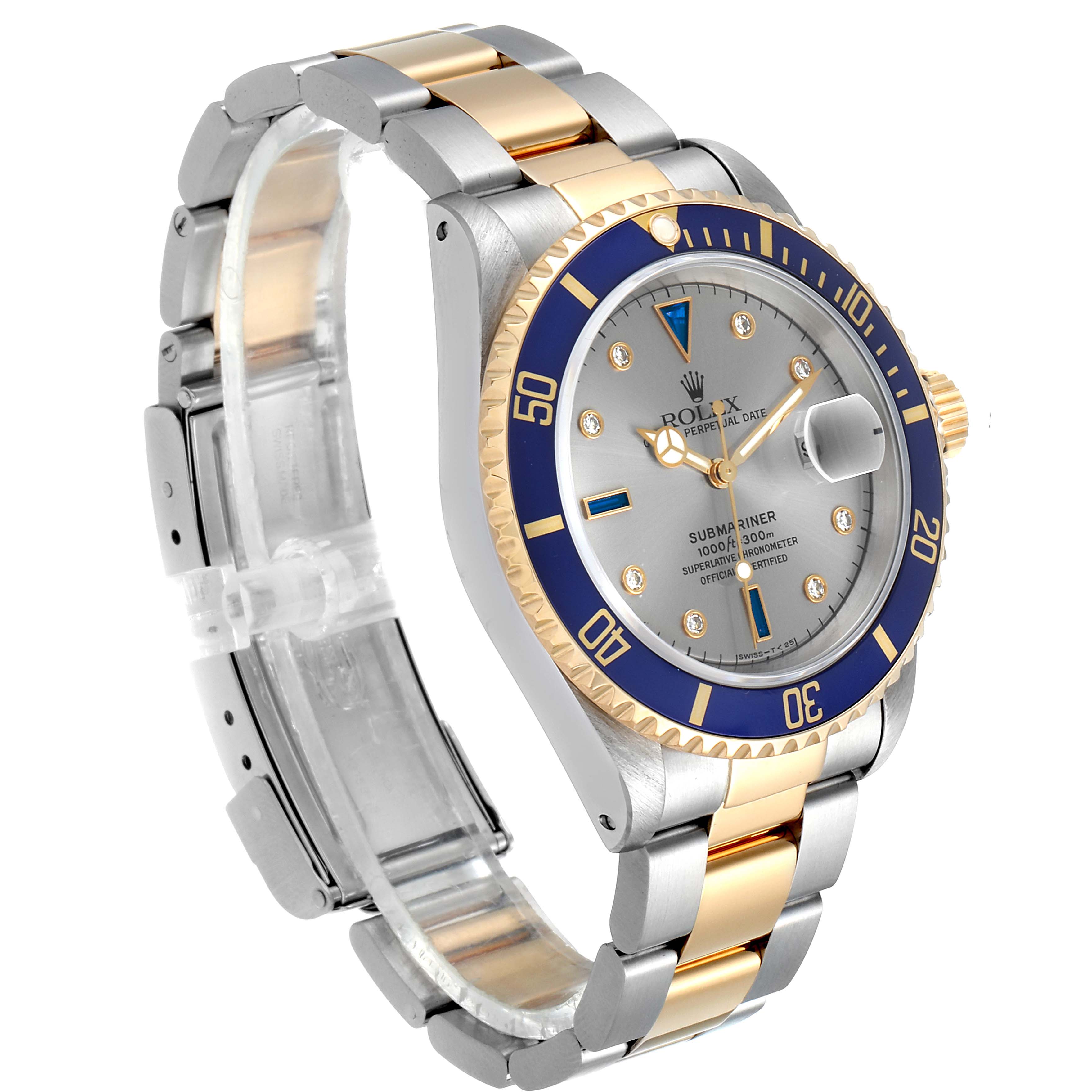 The Rolex Submariner 16613 Men's Steel and Gold (two tone) Grey Dial 16613 Men's Steel and Gold (two tone) Grey Dial watch is shown at an oblique angle, displaying the face, bezel, crown, and bracelet.