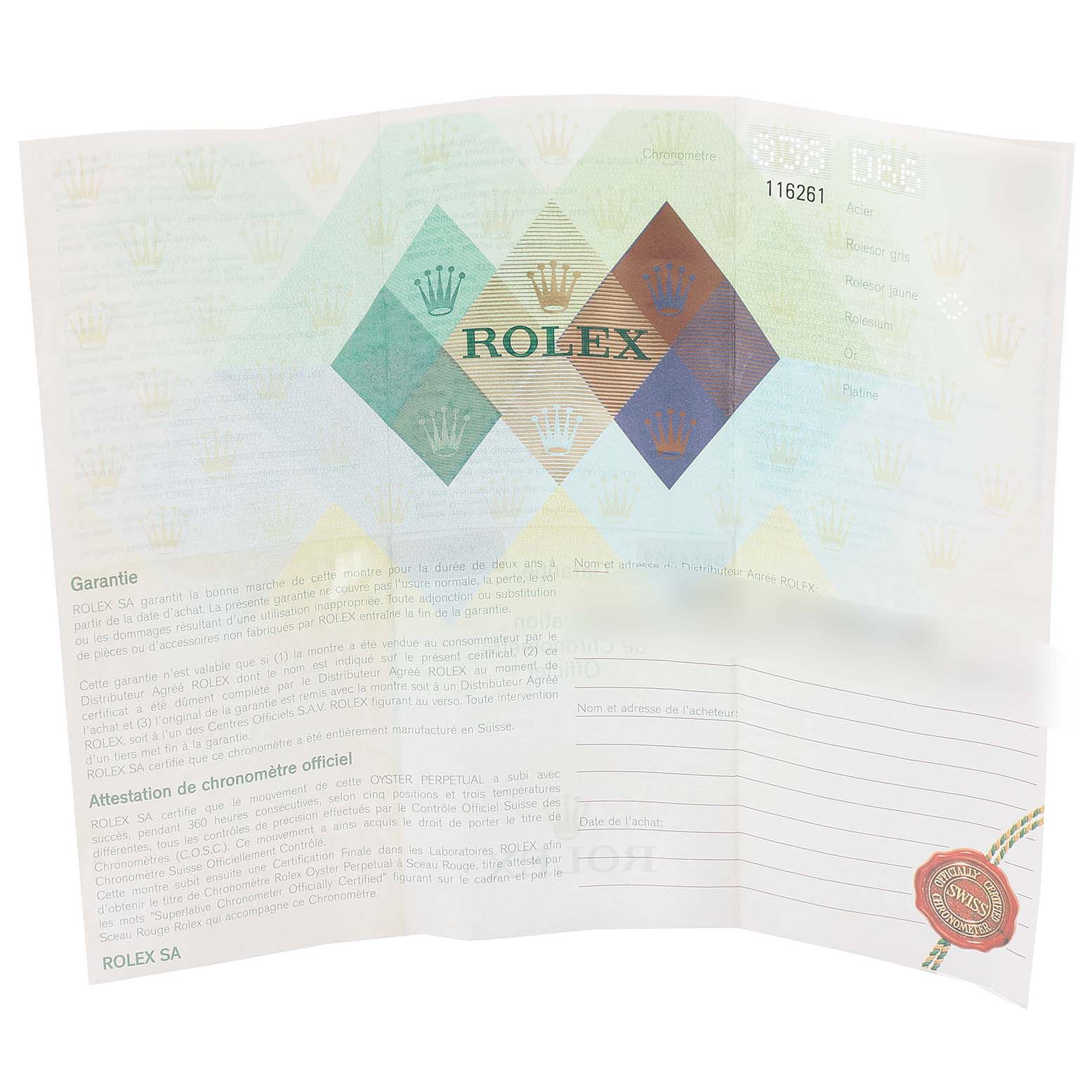 The image shows the warranty card for the Rolex Turn-o-Graph 116261 Men
s Steel and Gold (two tone) Black Dial 116261 Men
s Steel and Gold (two tone) Black Dial model, including details like the model number and warranty terms.