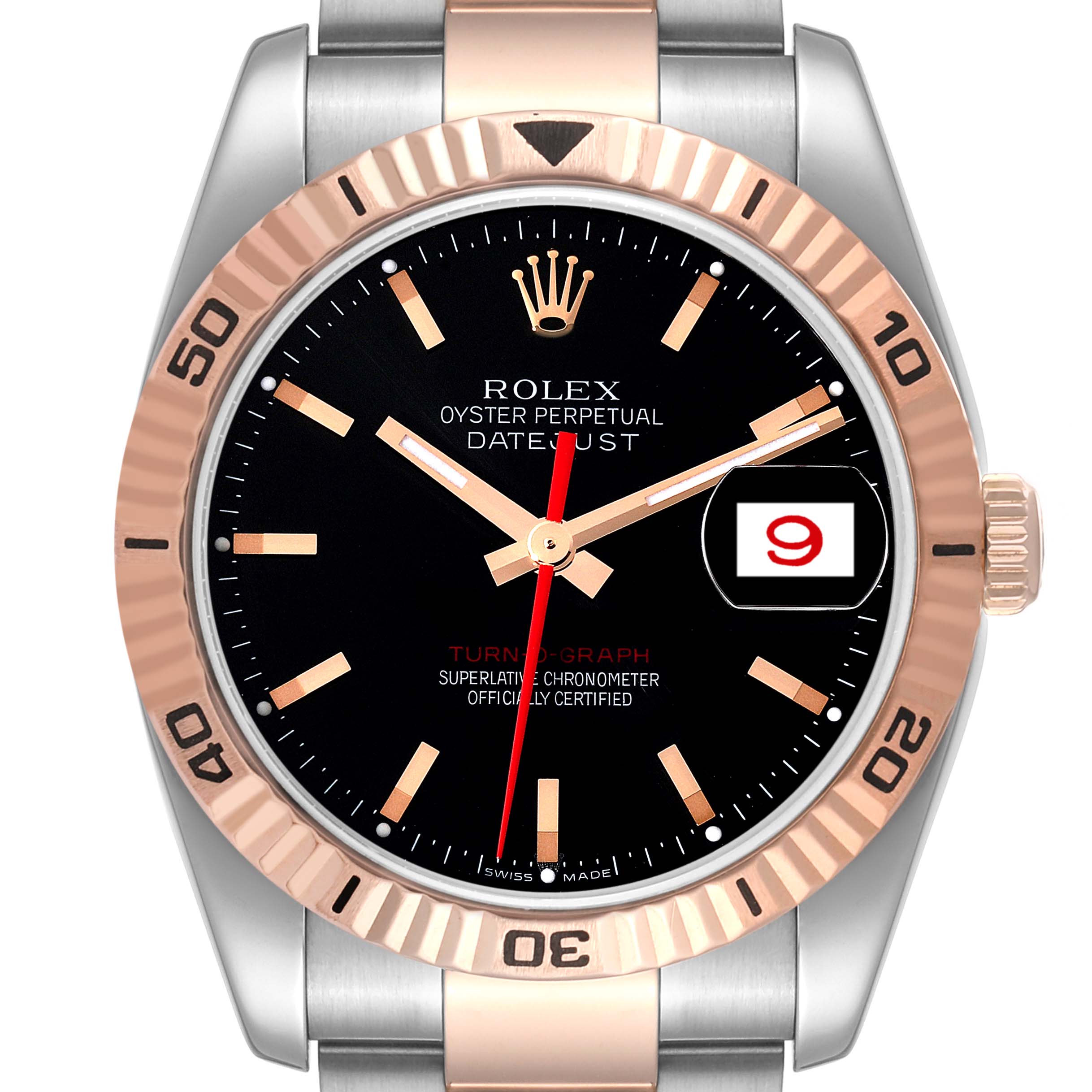 This image shows a front view of the Rolex Turn-o-Graph 116261 Men
s Steel and Gold (two tone) Black Dial 116261 Men
s Steel and Gold (two tone) Black Dial watch, highlighting the bezel, dial, hands, and bracelet.