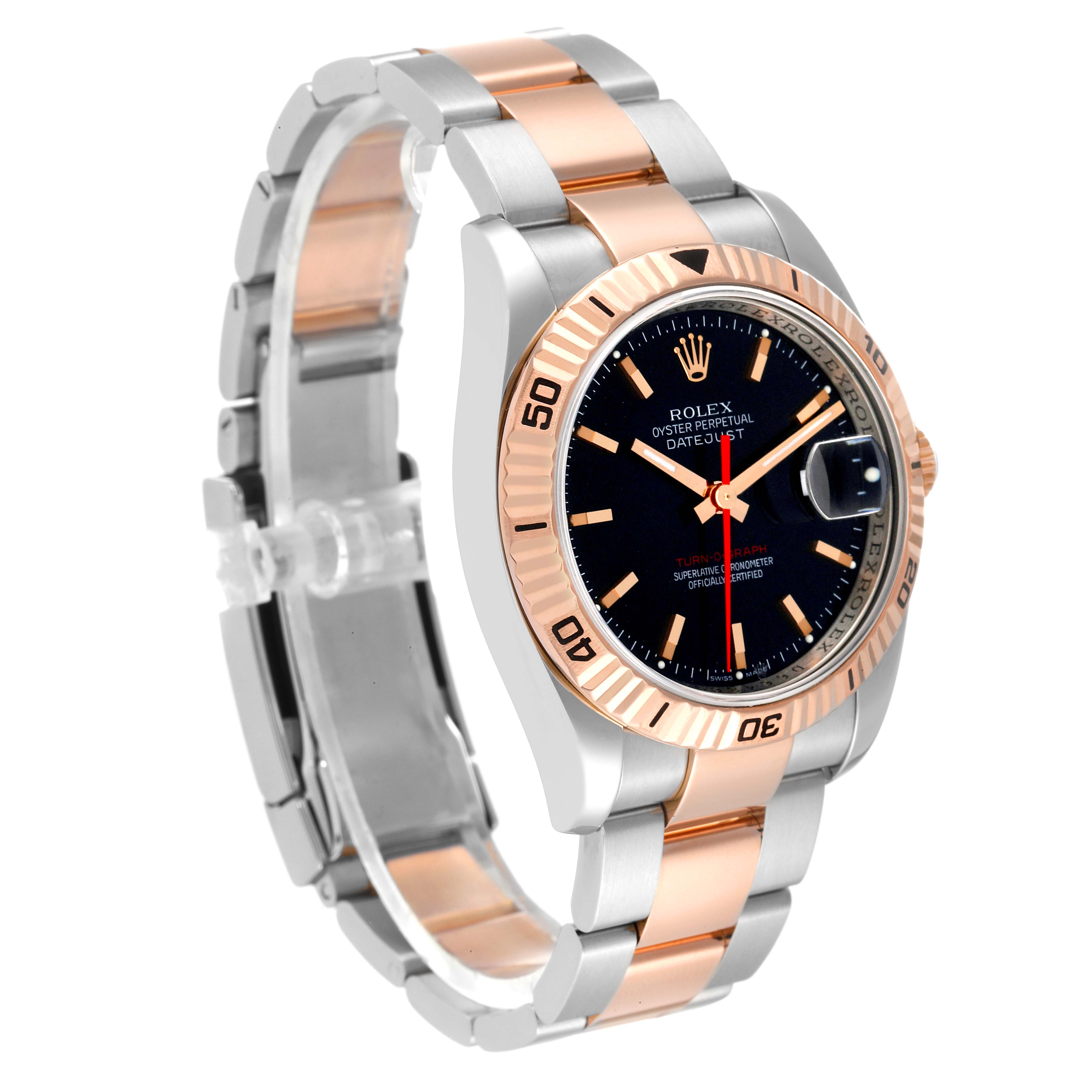 The Rolex Turn-o-Graph 116261 Men
s Steel and Gold (two tone) Black Dial 116261 Men
s Steel and Gold (two tone) Black Dial watch is shown at an angle displaying the face, bezel, crown, and bracelet.