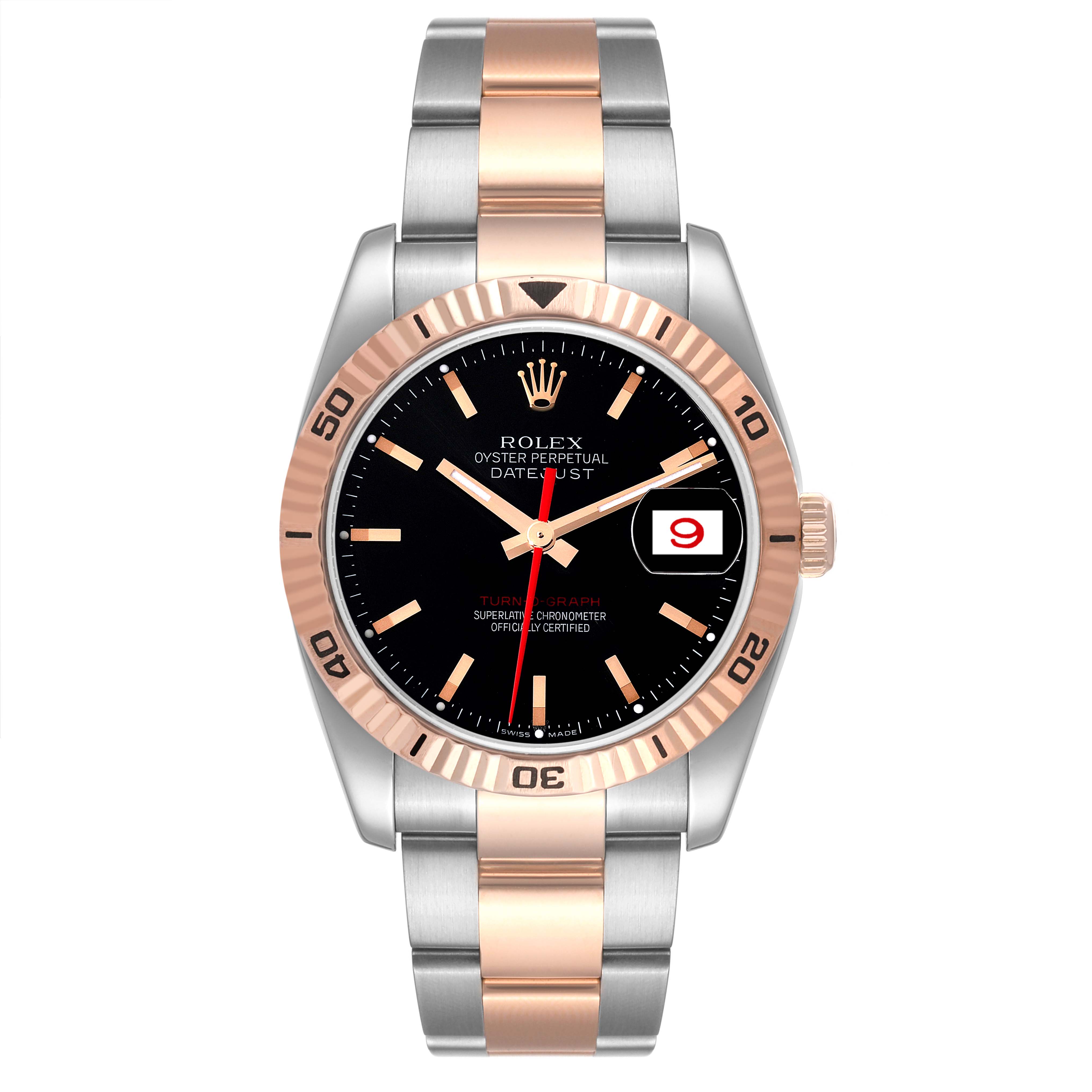 This image shows a front view of a Rolex Turn-o-Graph 116261 Men
s Steel and Gold (two tone) Black Dial 116261 Men
s Steel and Gold (two tone) Black Dial model, highlighting the dial, bezel, case, and bracelet.