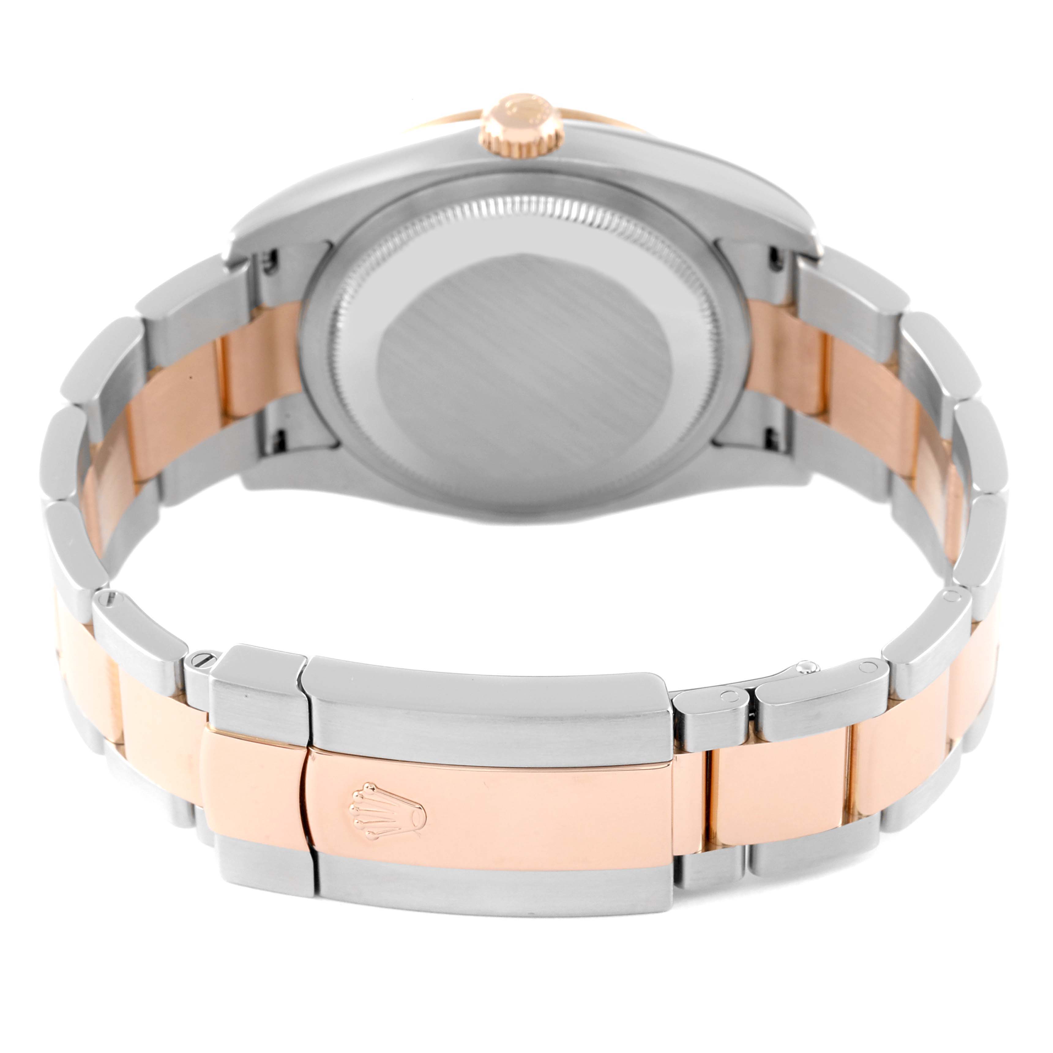 The image shows the back case, crown, and bracelet clasp of a Rolex Turn-o-Graph 116261 Men
s Steel and Gold (two tone) Black Dial 116261 Men
s Steel and Gold (two tone) Black Dial watch.