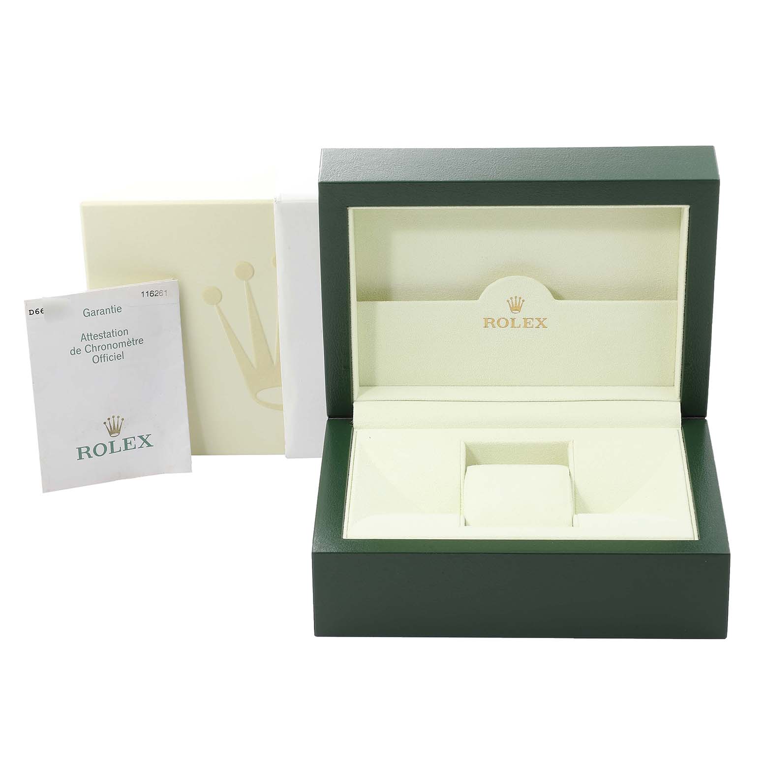 This image shows an open Rolex Turn-o-Graph 116261 Men
s Steel and Gold (two tone) Black Dial 116261 Men
s Steel and Gold (two tone) Black Dial watch box with papers, revealing the interior compartments.