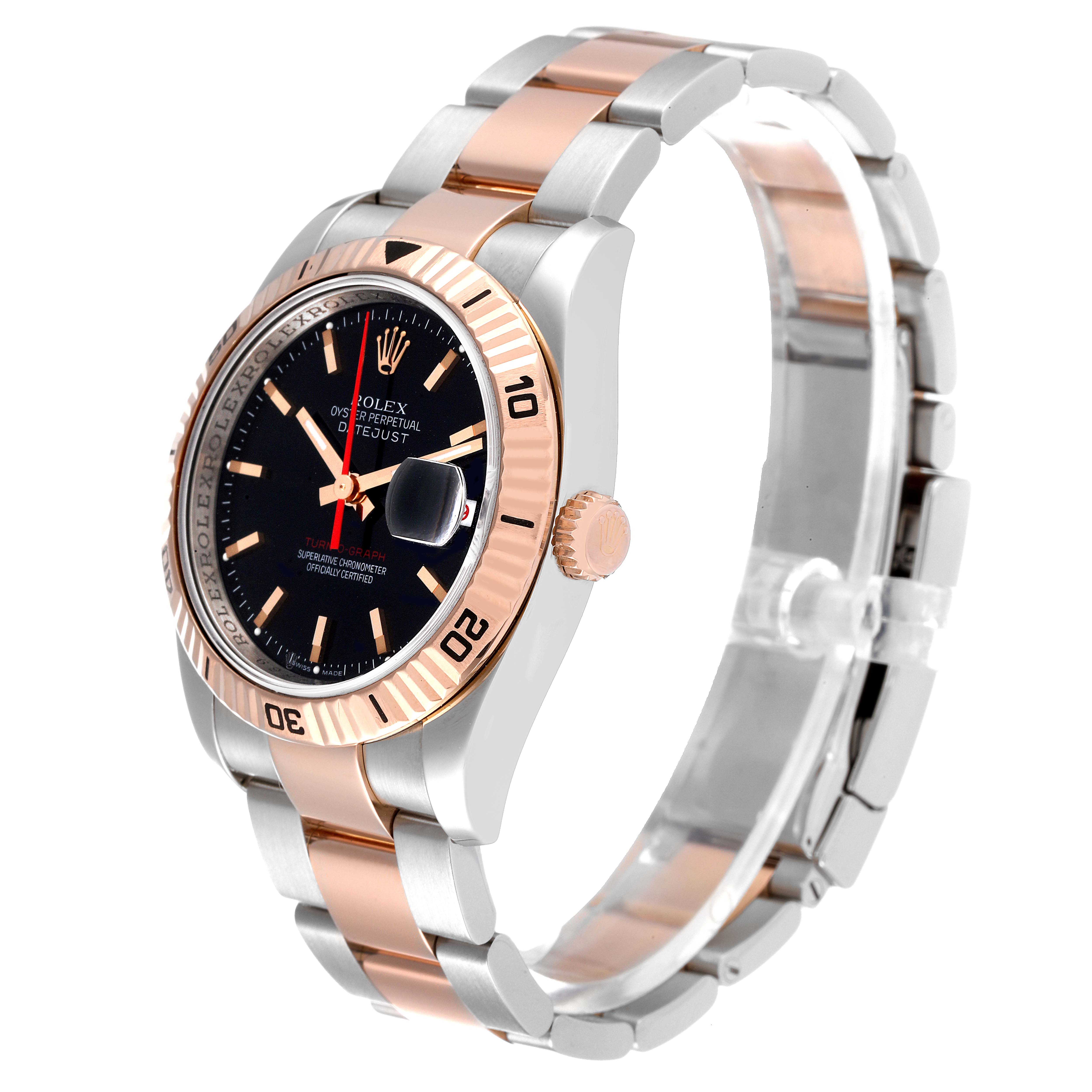 The Rolex Turn-o-Graph 116261 Men
s Steel and Gold (two tone) Black Dial 116261 Men
s Steel and Gold (two tone) Black Dial watch is shown at a slight side angle showcasing the face, bezel, crown, and bracelet.