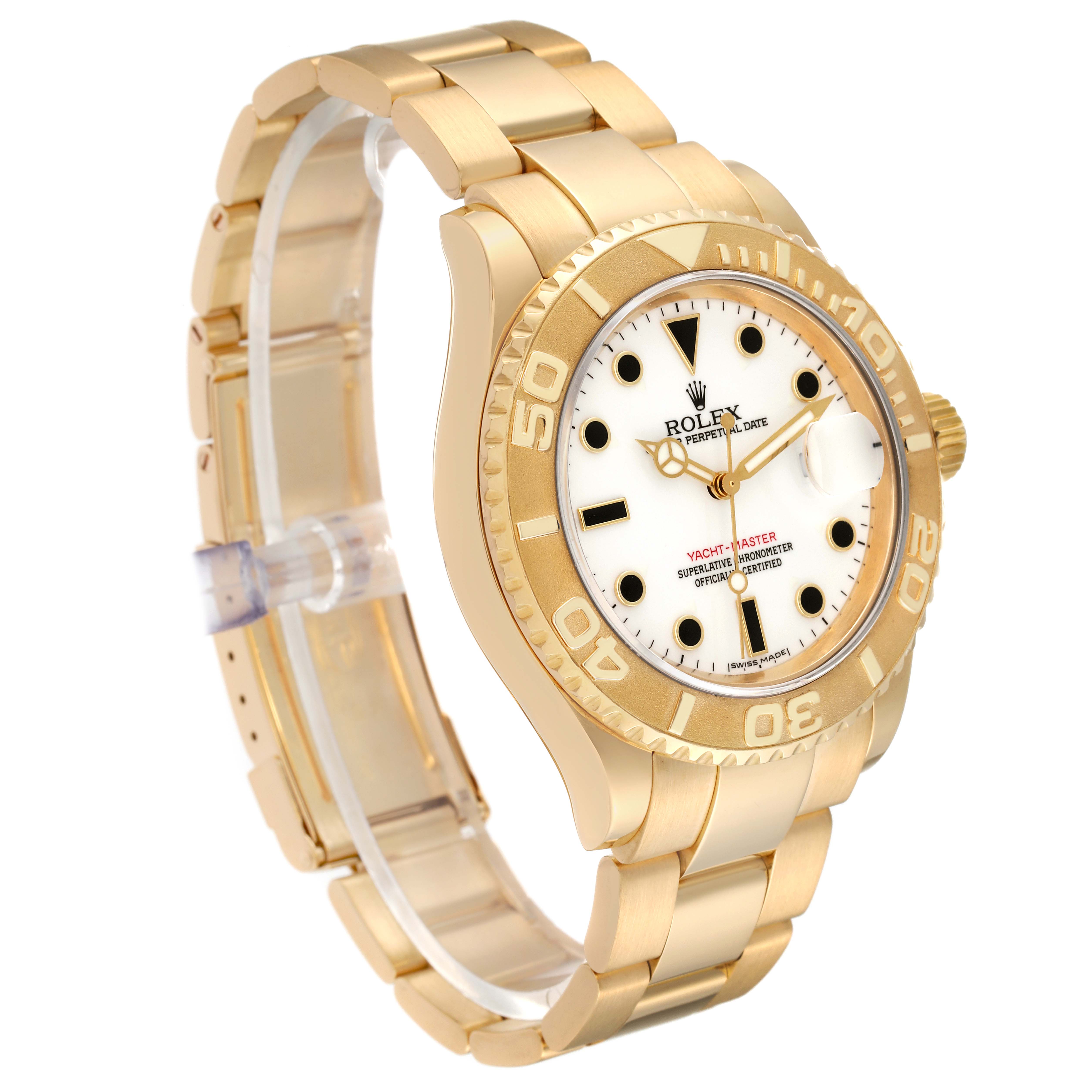 The image shows a side angle of the Rolex Yacht-Master 16628 Men's Yellow Gold White Dial 16628 Men's Yellow Gold White Dial, highlighting its bezel, dial, and bracelet.