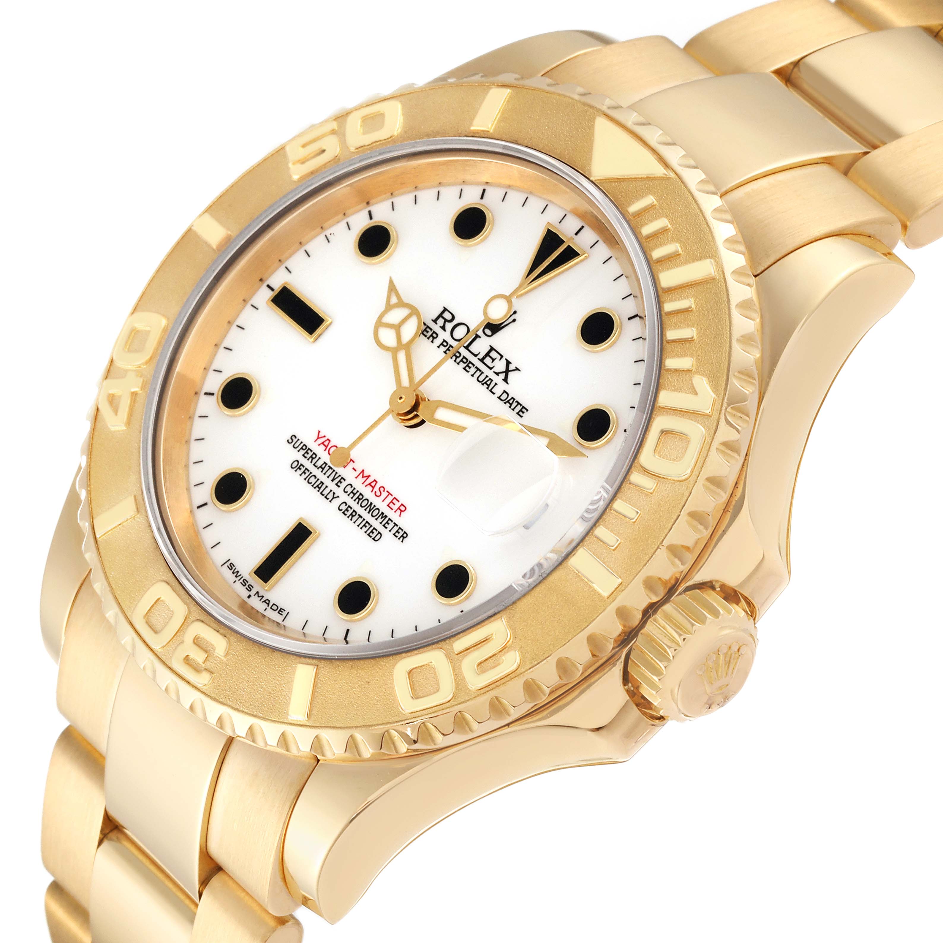 The Rolex Yacht-Master 16628 Men's Yellow Gold White Dial 16628 Men's Yellow Gold White Dial watch is shown at an angled close-up, highlighting its dial, bezel, and bracelet.
