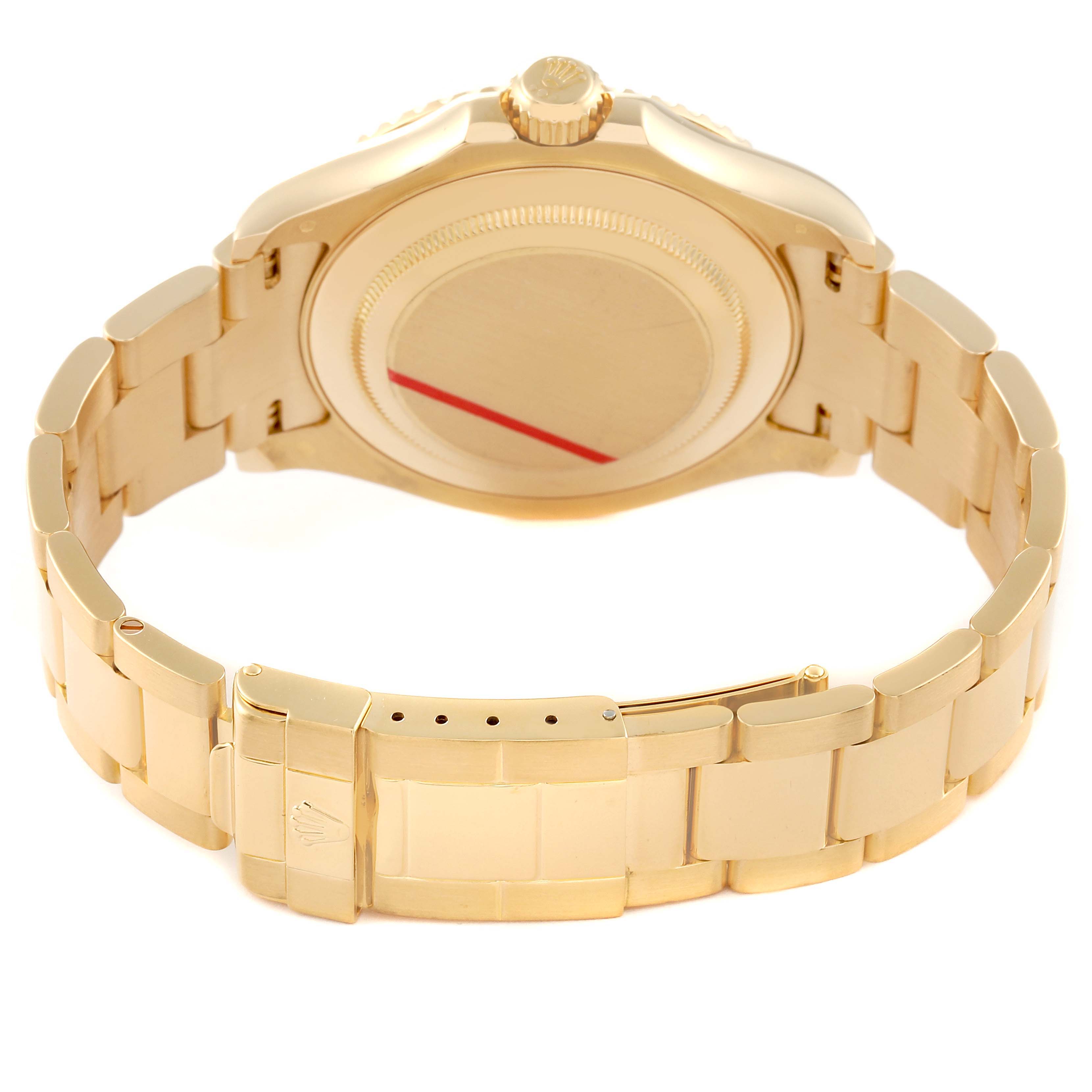 This image shows the back and clasp of a Rolex Yacht-Master 16628 Men's Yellow Gold White Dial 16628 Men's Yellow Gold White Dial watch, highlighting its gold finish and bracelet.