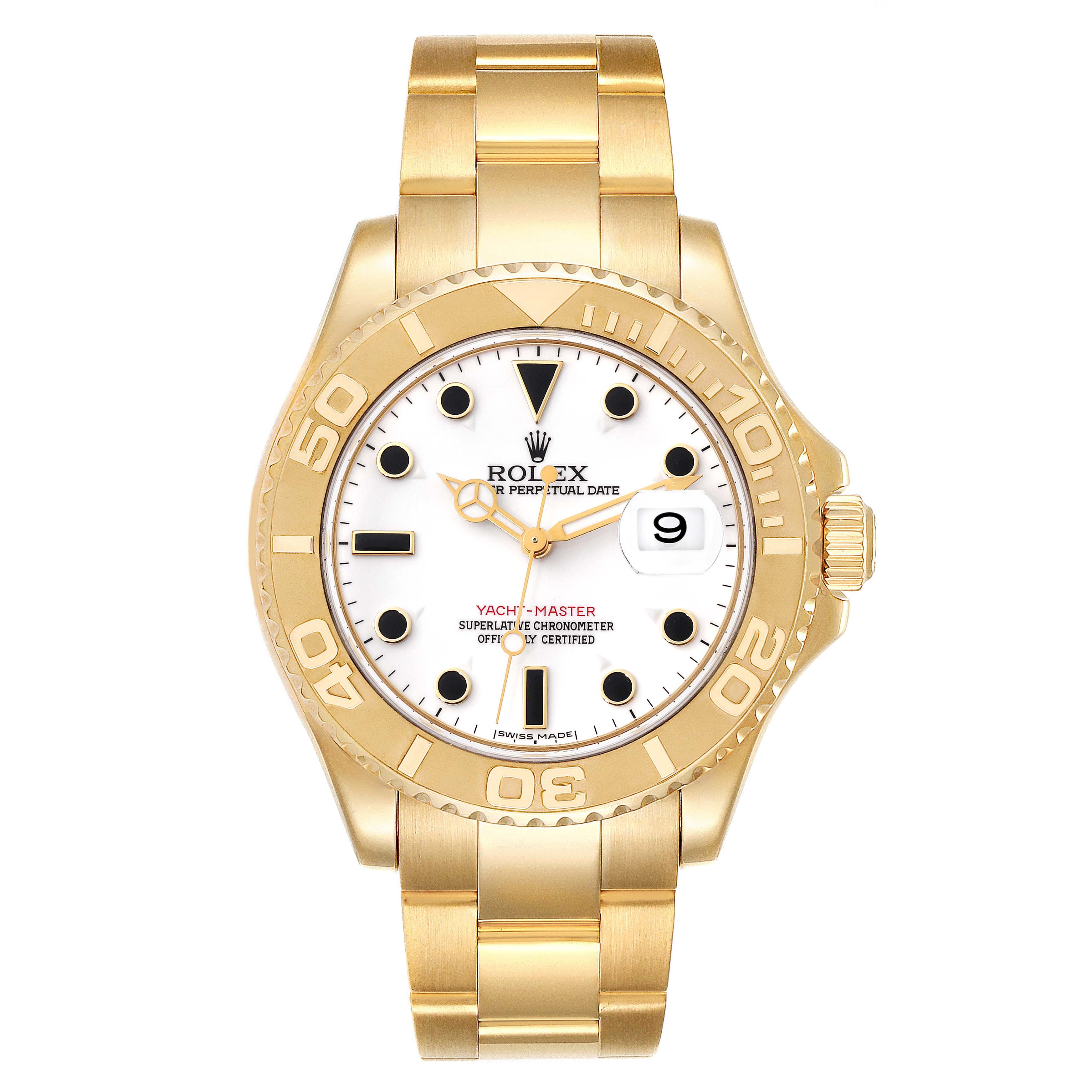 The image shows a front view of the Rolex Yacht-Master 16628 Men's Yellow Gold White Dial 16628 Men's Yellow Gold White Dial watch, highlighting its dial, bezel, and bracelet.