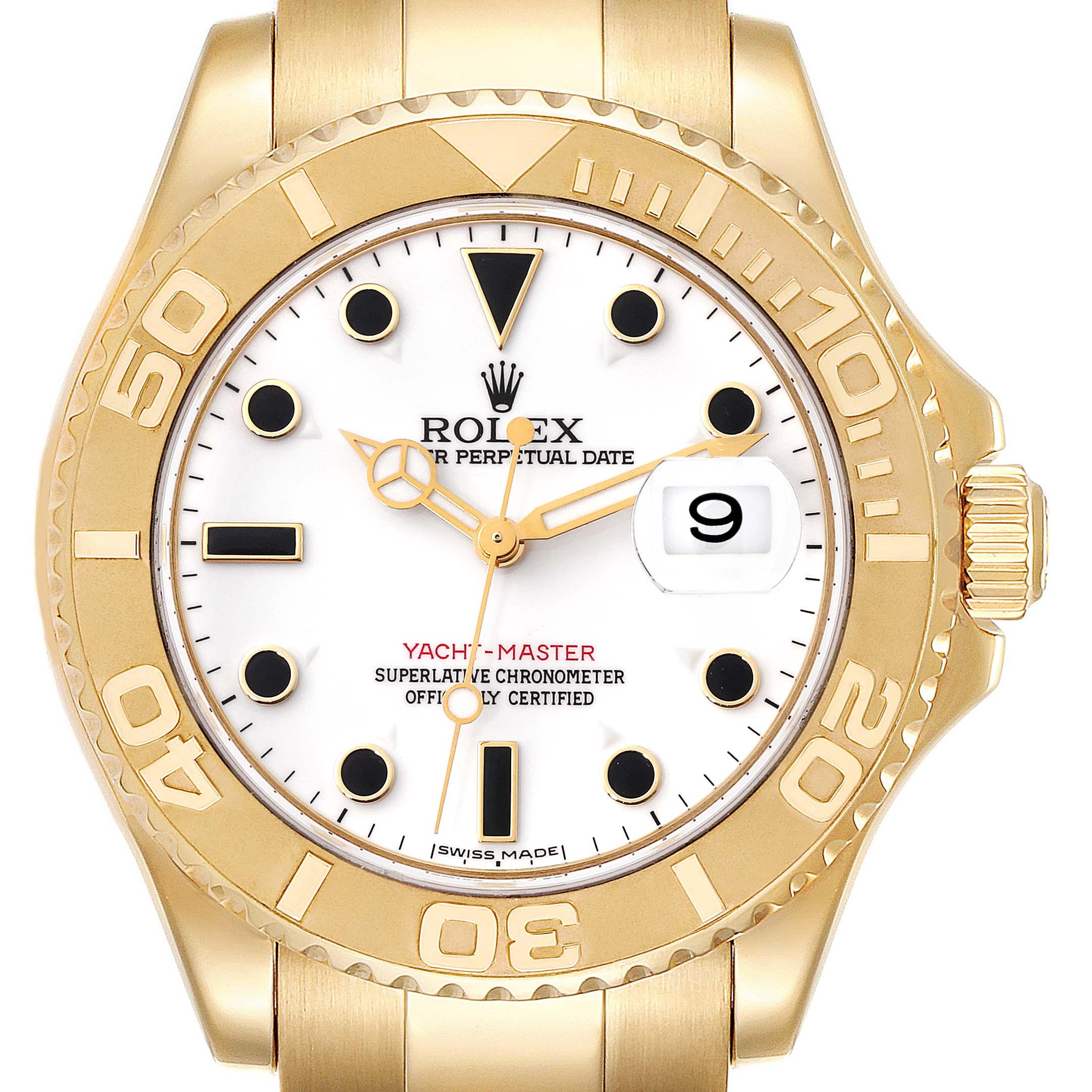 The image shows a front view of a Rolex Yacht-Master 16628 Men's Yellow Gold White Dial 16628 Men's Yellow Gold White Dial watch displaying the dial, bezel, and crown.