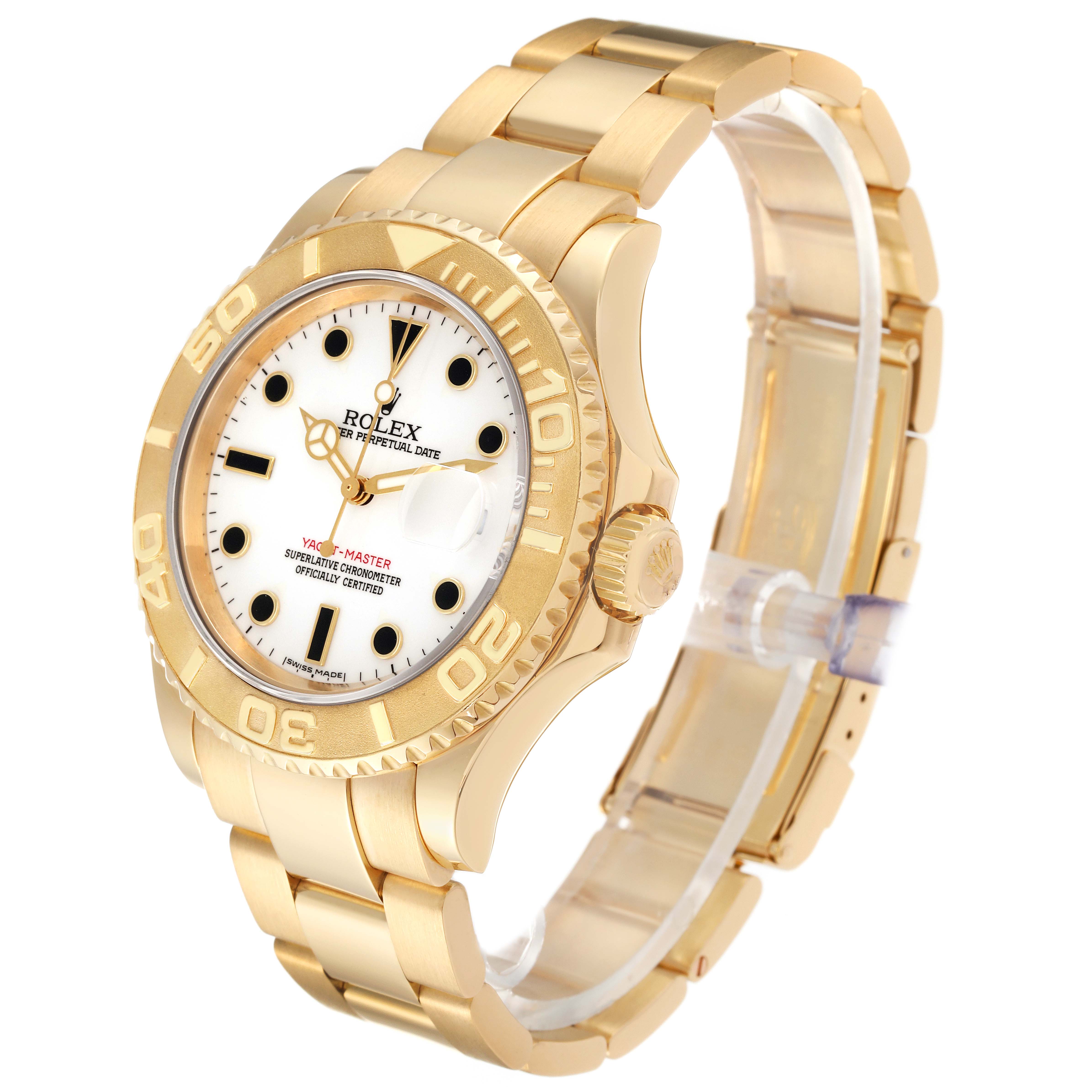 The image shows a side angle of a Rolex Yacht-Master 16628 Men's Yellow Gold White Dial 16628 Men's Yellow Gold White Dial watch, highlighting the gold case, bezel, dial, crown, and bracelet.