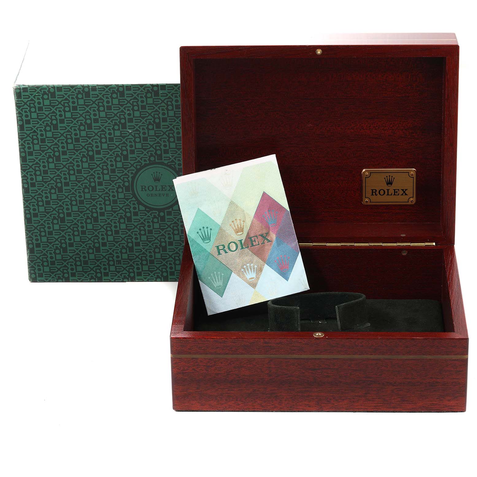 The image shows an open Rolex Yacht-Master 16628 Men's Yellow Gold White Dial 16628 Men's Yellow Gold White Dial box, revealing the interior with a booklet and a green outer box.