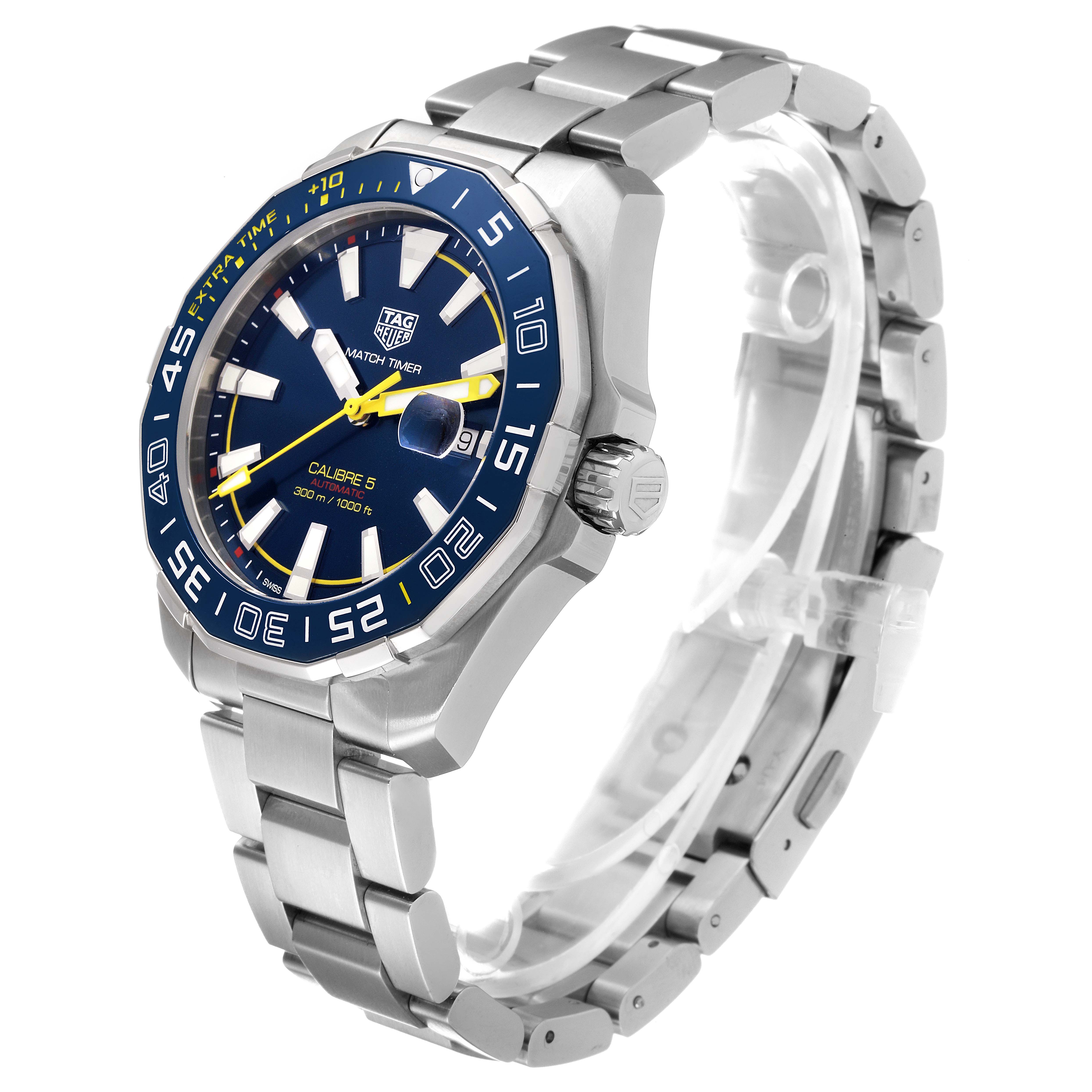 The Tag Heuer Limited Edition WAY201H.BA0927 Men's Stainless Steel Blue Dial WAY201H.BA0927 Men's Stainless Steel Blue Dial watch is shown at a front-side angle, displaying the face, bezel, strap, and crown.