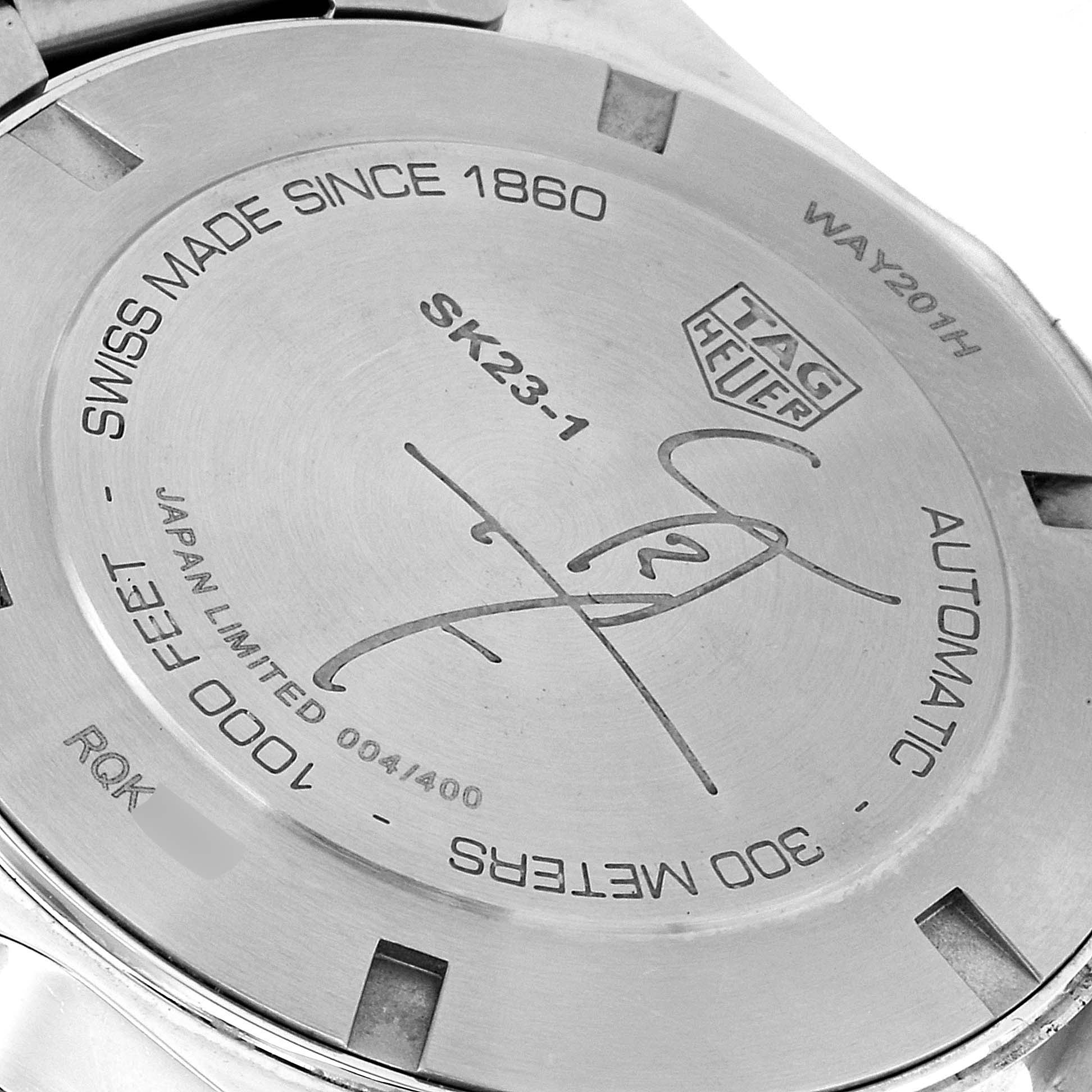 This image shows the back of a Tag Heuer Limited Edition WAY201H.BA0927 Men's Stainless Steel Blue Dial WAY201H.BA0927 Men's Stainless Steel Blue Dial watch, displaying engraved details and the brand logo.