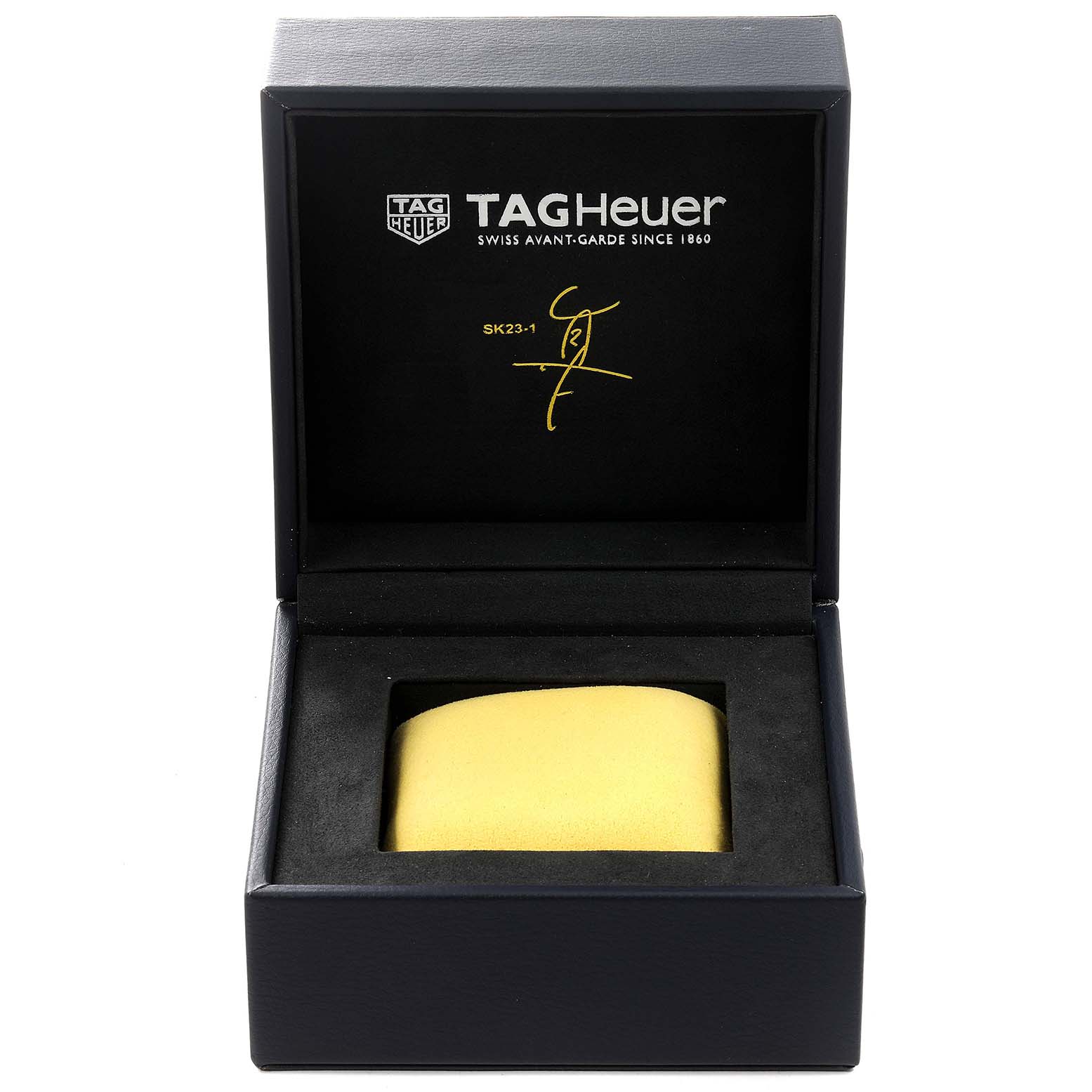 The image shows an open box for the Tag Heuer Limited Edition WAY201H.BA0927 Men's Stainless Steel Blue Dial WAY201H.BA0927 Men's Stainless Steel Blue Dial model, displaying the cushion for the watch.