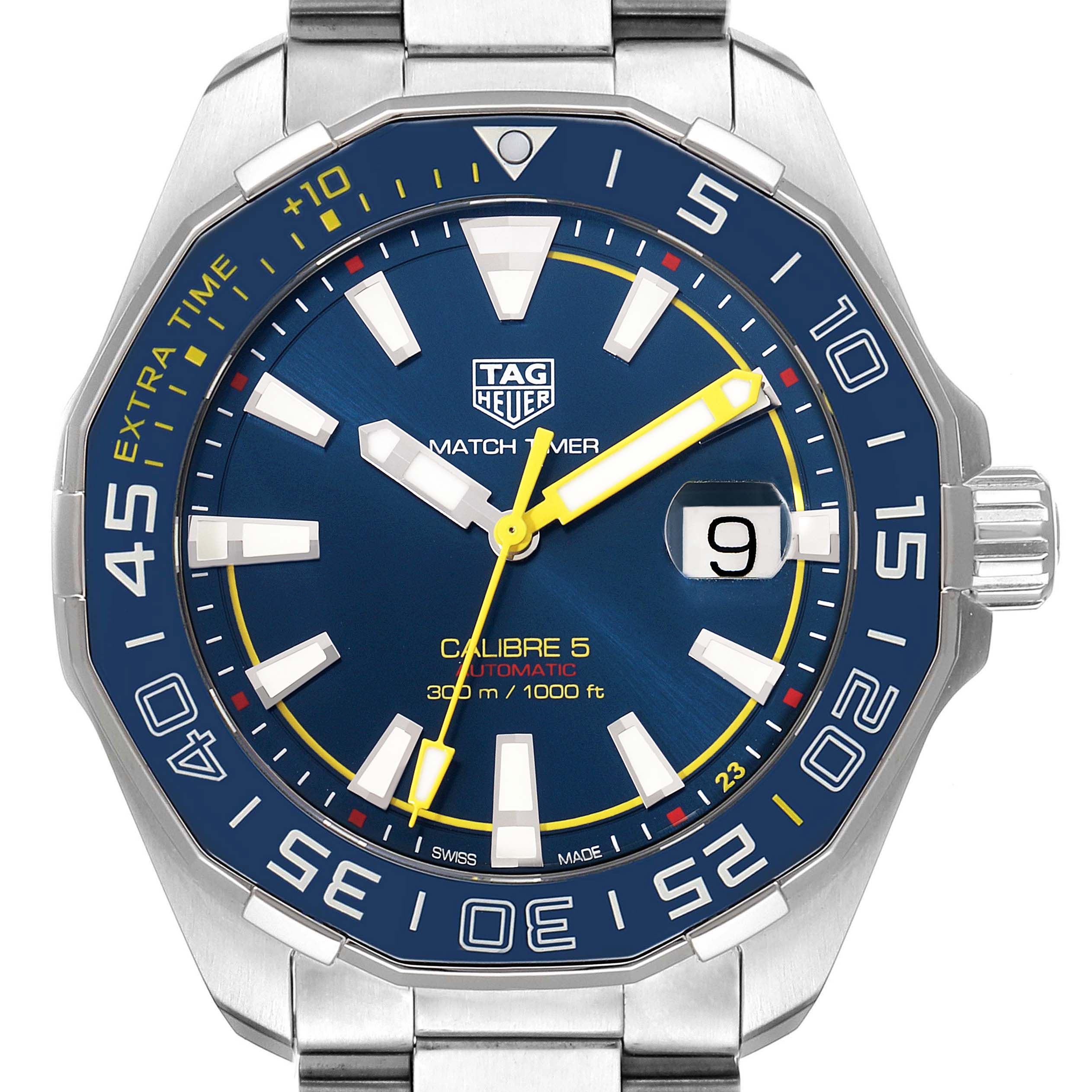 The image shows a front view of the Tag Heuer Limited Edition WAY201H.BA0927 Men's Stainless Steel Blue Dial WAY201H.BA0927 Men's Stainless Steel Blue Dial Calibre 5 watch, depicting the dial, hands, bezel, and part of the stainless steel bracelet.