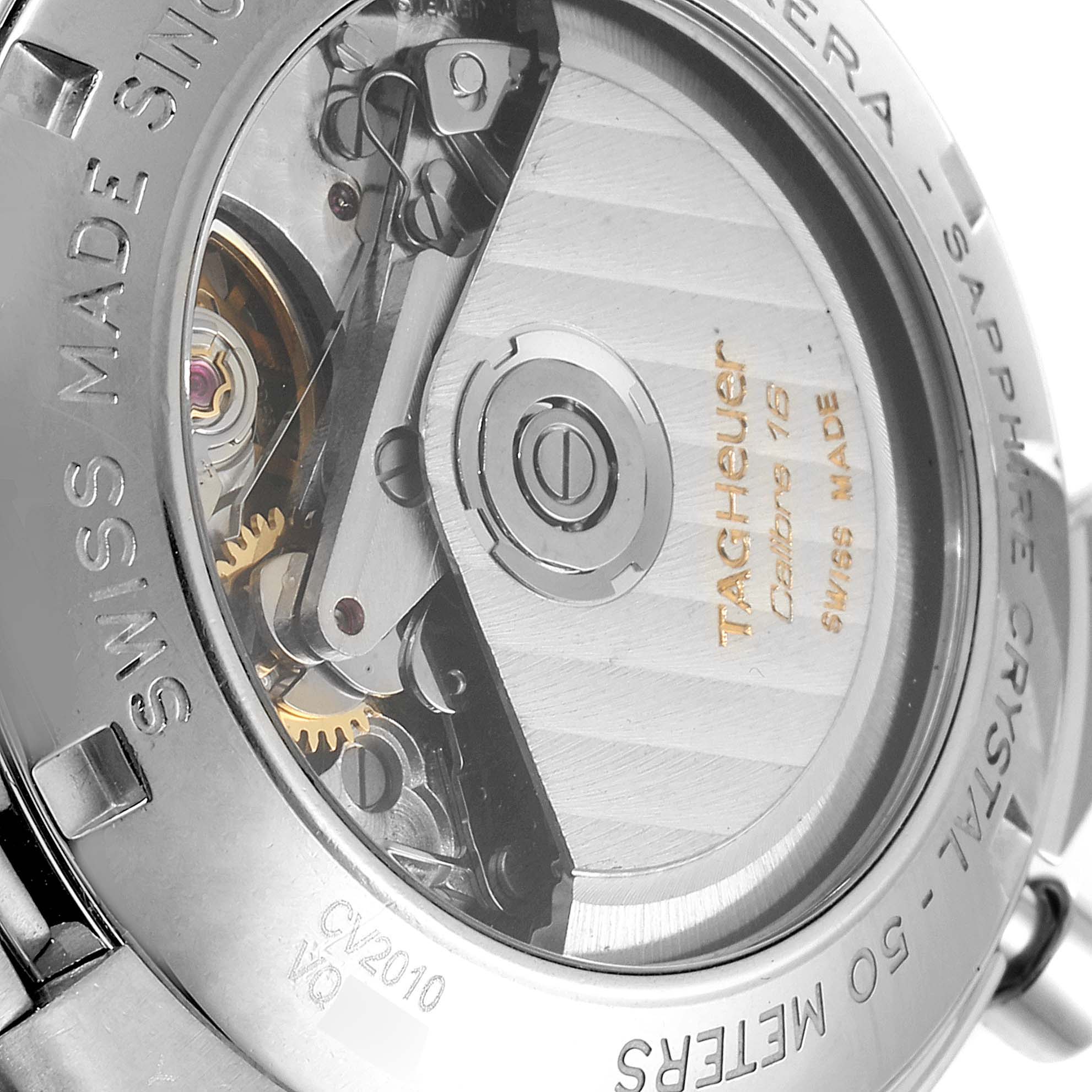 The image shows the back of a Tag Heuer Carrera CV2010 Men
s Stainless Steel Black Dial CV2010 Men
s Stainless Steel Black Dial watch, featuring its exposed mechanical movement.