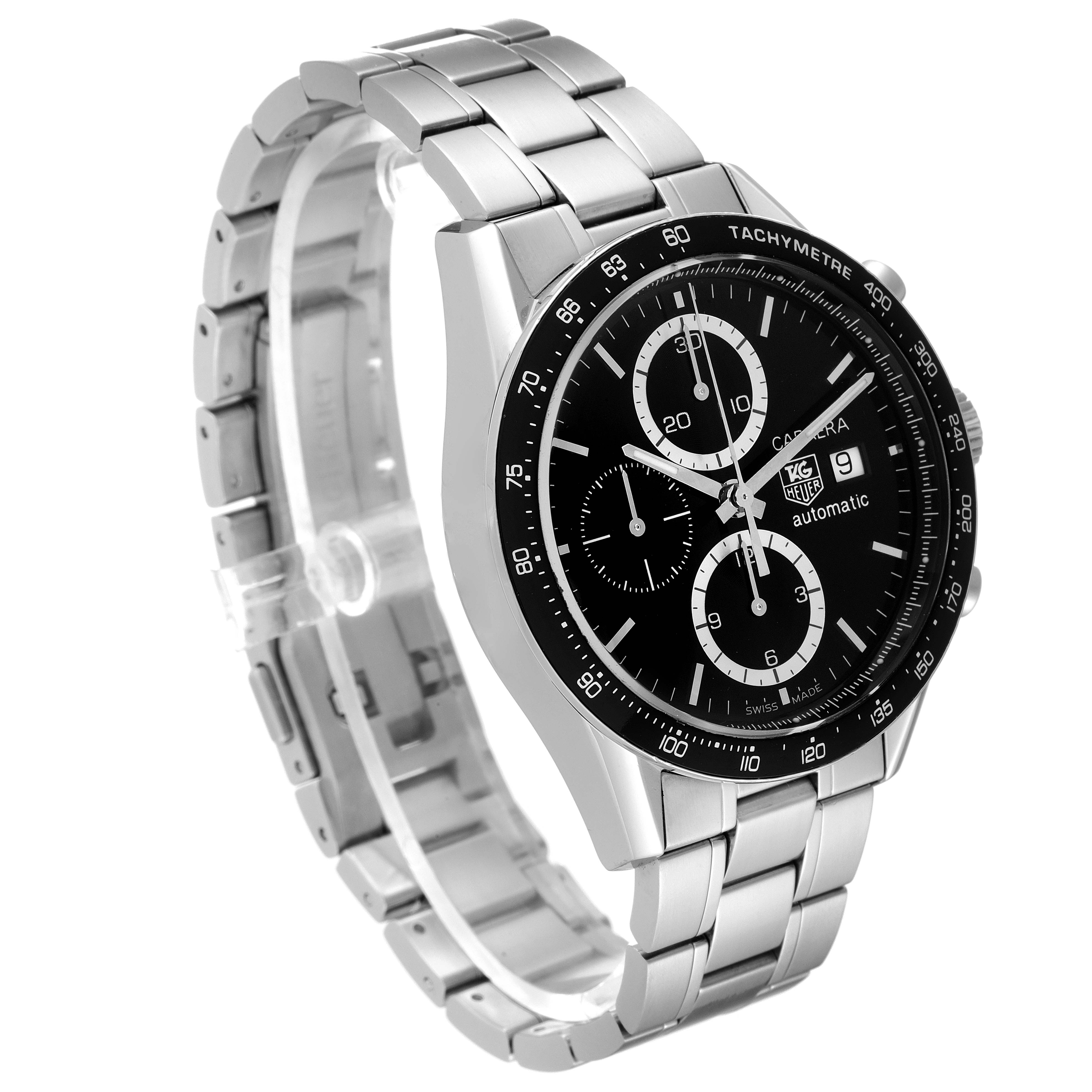 The image shows a side view of the Tag Heuer Carrera CV2010 Men
s Stainless Steel Black Dial CV2010 Men
s Stainless Steel Black Dial watch, highlighting its stainless steel bracelet and black dial.