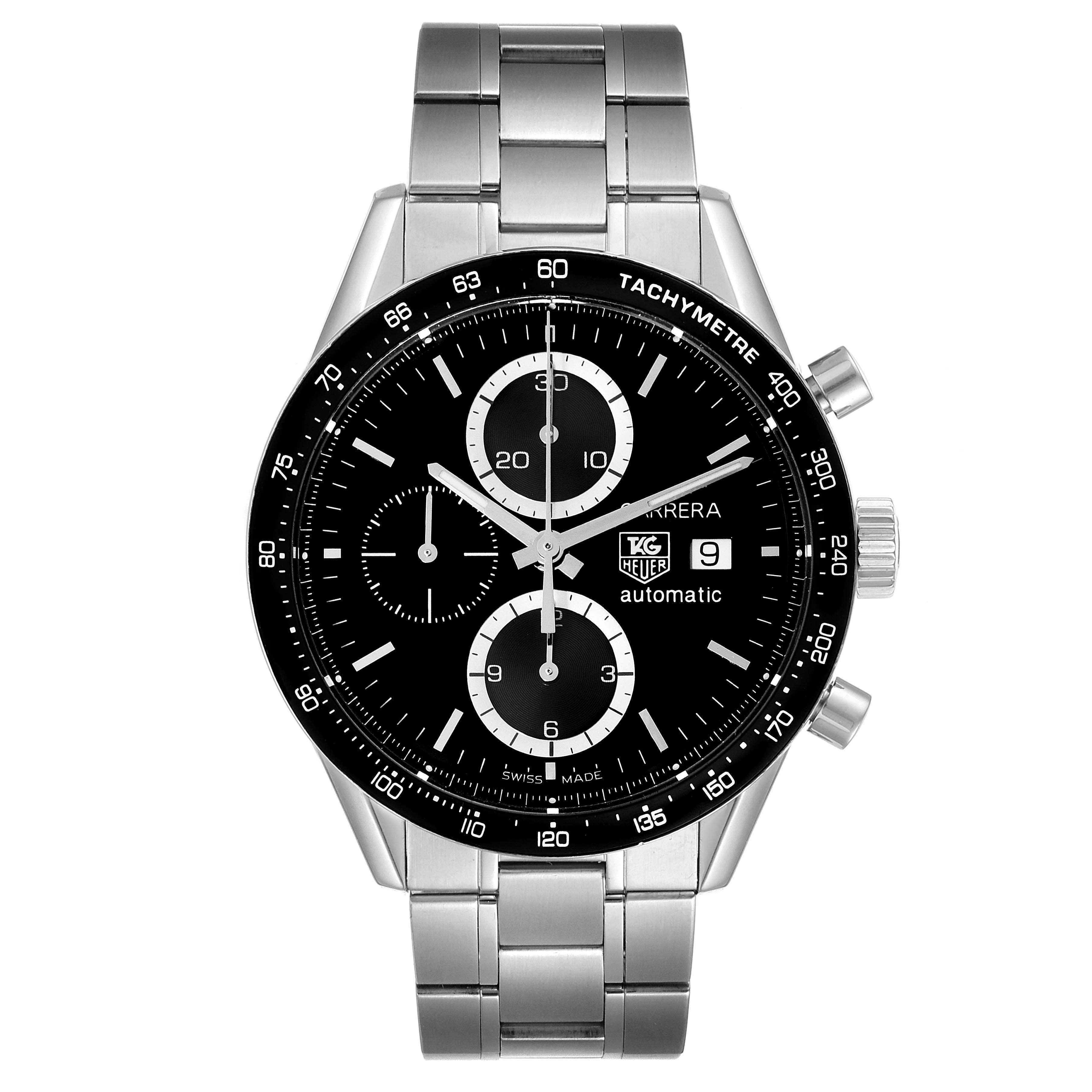 The image shows a front view of the Tag Heuer Carrera CV2010 Men
s Stainless Steel Black Dial CV2010 Men
s Stainless Steel Black Dial watch, highlighting its dial, bezel, and stainless steel bracelet.