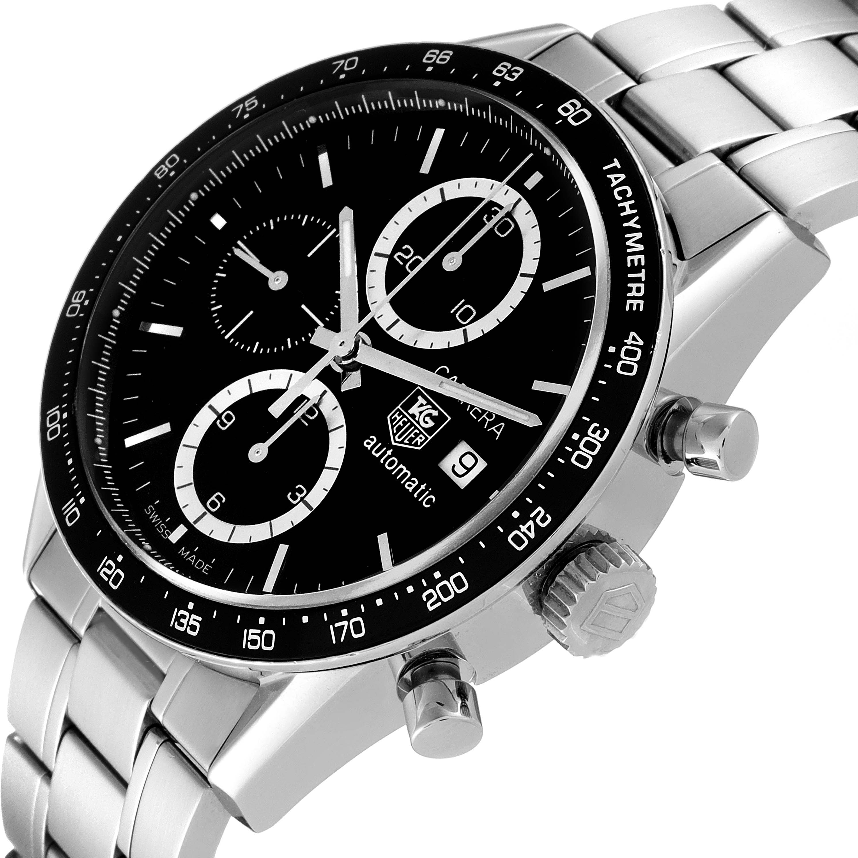 The image shows a close-up angle of the Tag Heuer Carrera CV2010 Men
s Stainless Steel Black Dial CV2010 Men
s Stainless Steel Black Dial watch, highlighting its face, pushers, and crown.