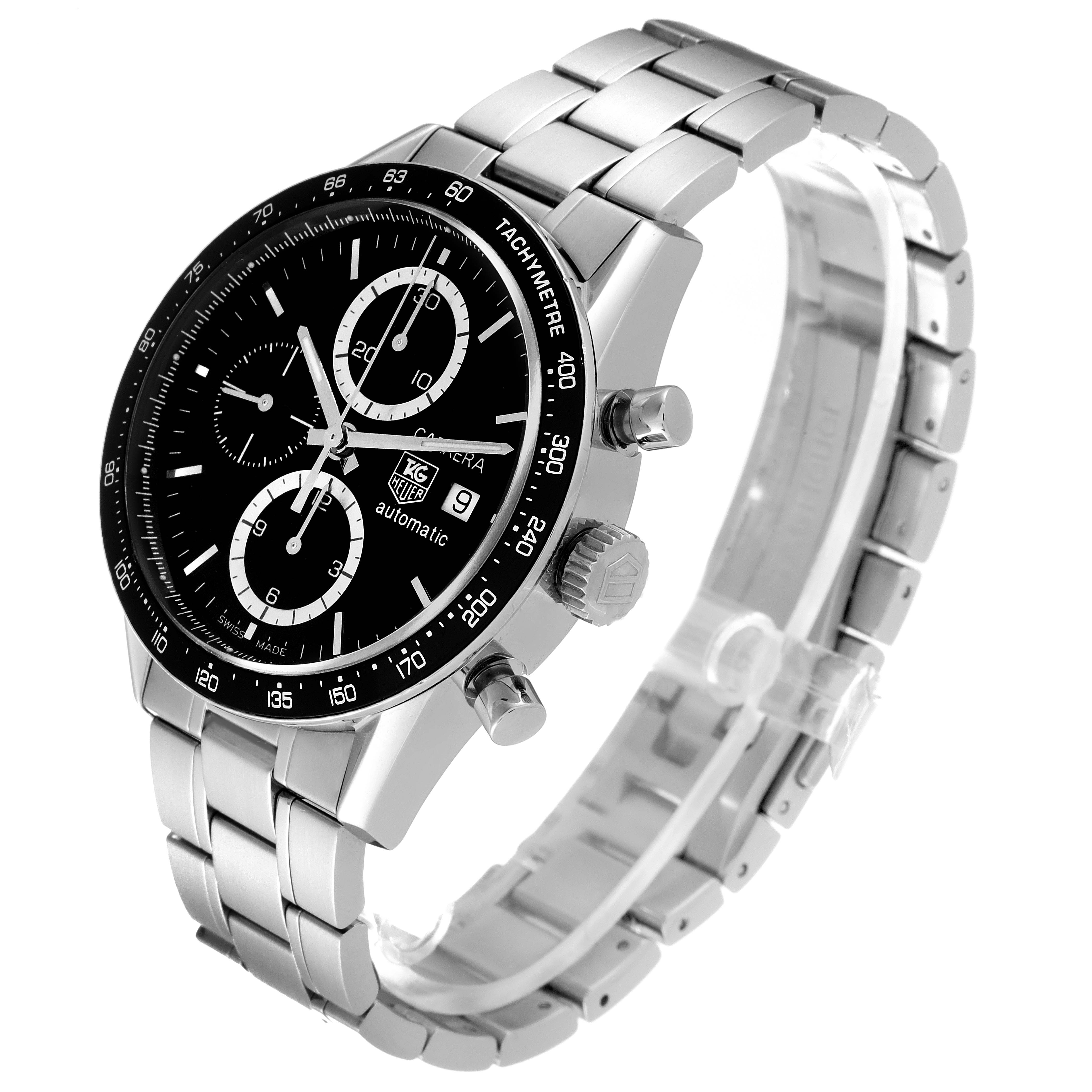 The Tag Heuer Carrera CV2010 Men
s Stainless Steel Black Dial CV2010 Men
s Stainless Steel Black Dial watch is shown from a three-quarter angle highlighting the dial, bezel, crown, and stainless steel bracelet.