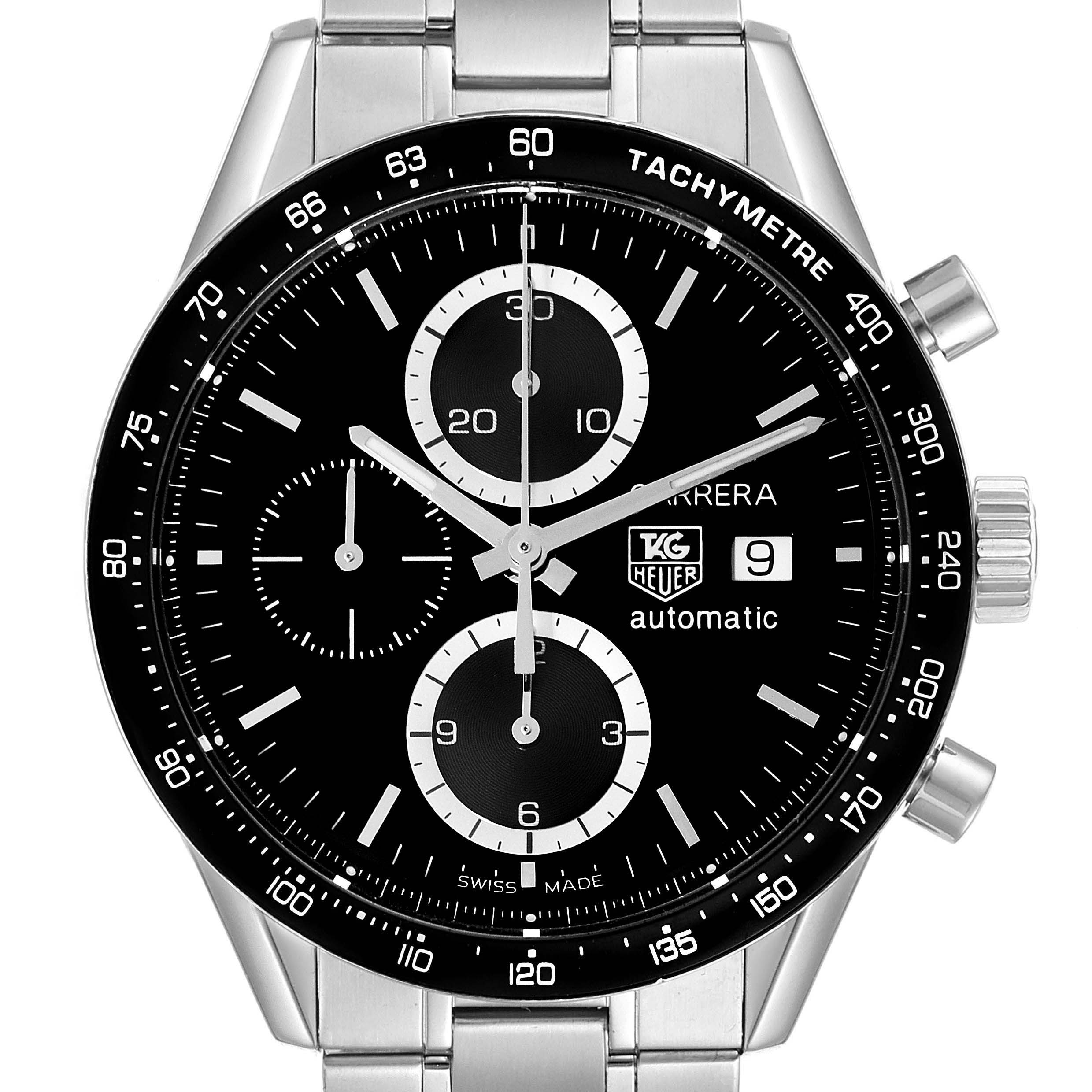 The image shows a front view of the Tag Heuer Carrera CV2010 Men
s Stainless Steel Black Dial CV2010 Men
s Stainless Steel Black Dial watch, highlighting its black dial, chronograph sub-dials, and tachymeter bezel.