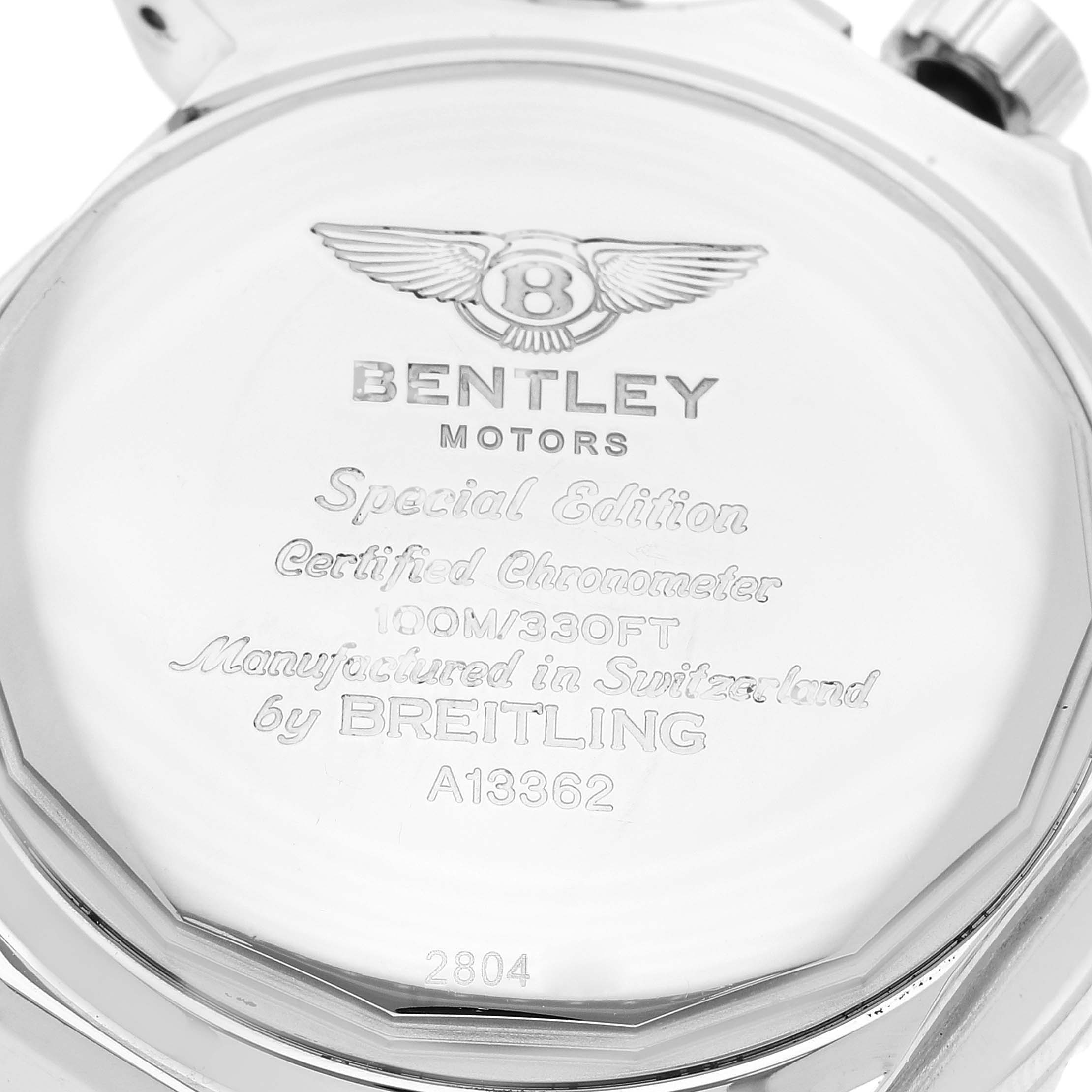 This image shows the engraved case back of a Breitling Bentley A13362 Men's Stainless Steel Mother of Pearl Dial A13362 Men's Stainless Steel Mother of Pearl Dial watch, highlighting its model, features, and certification.
