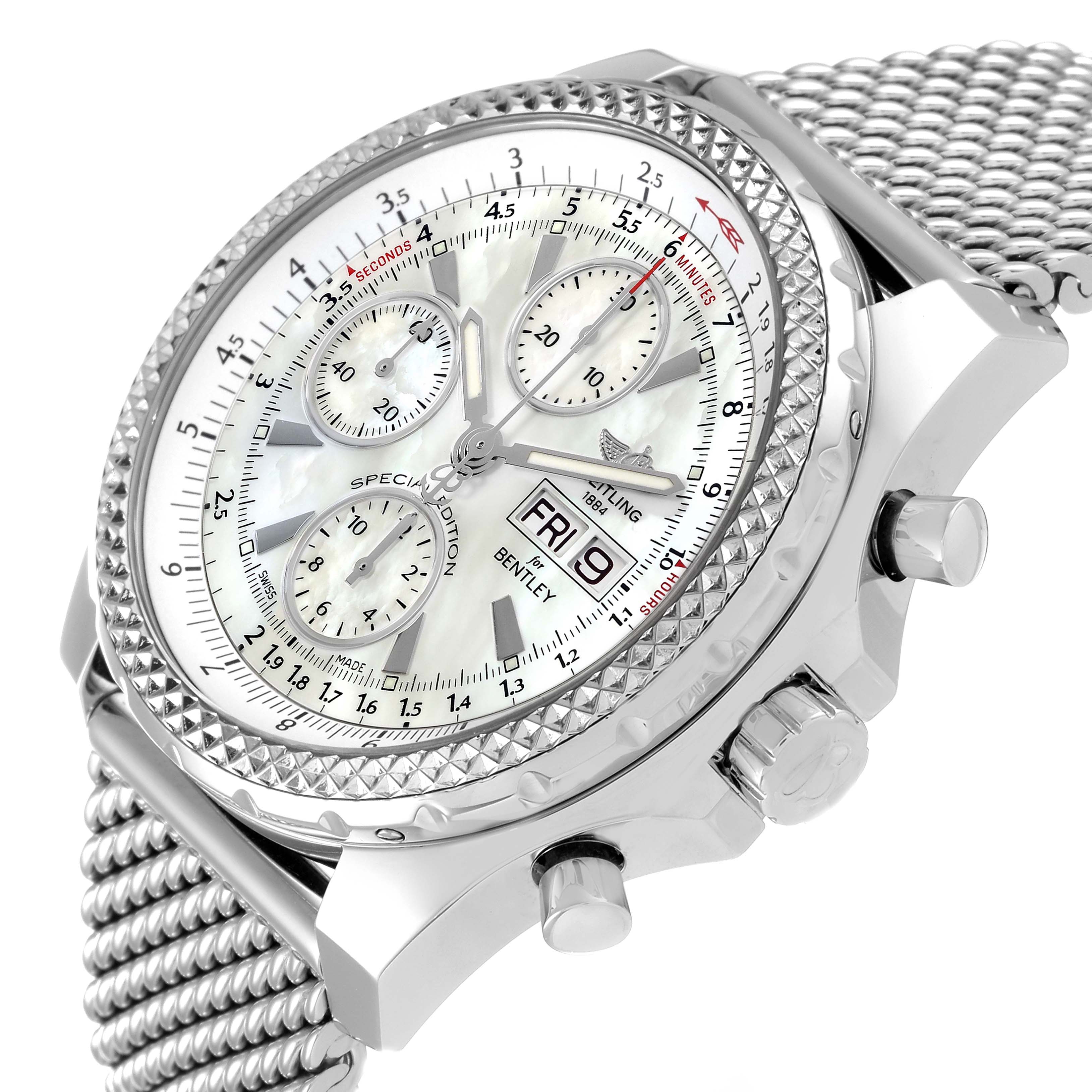 The image shows a Breitling Bentley A13362 Men's Stainless Steel Mother of Pearl Dial A13362 Men's Stainless Steel Mother of Pearl Dial model watch from a three-quarter angle, highlighting its dial, bezel, crown, chronograph sub-dials, and metal bracelet.