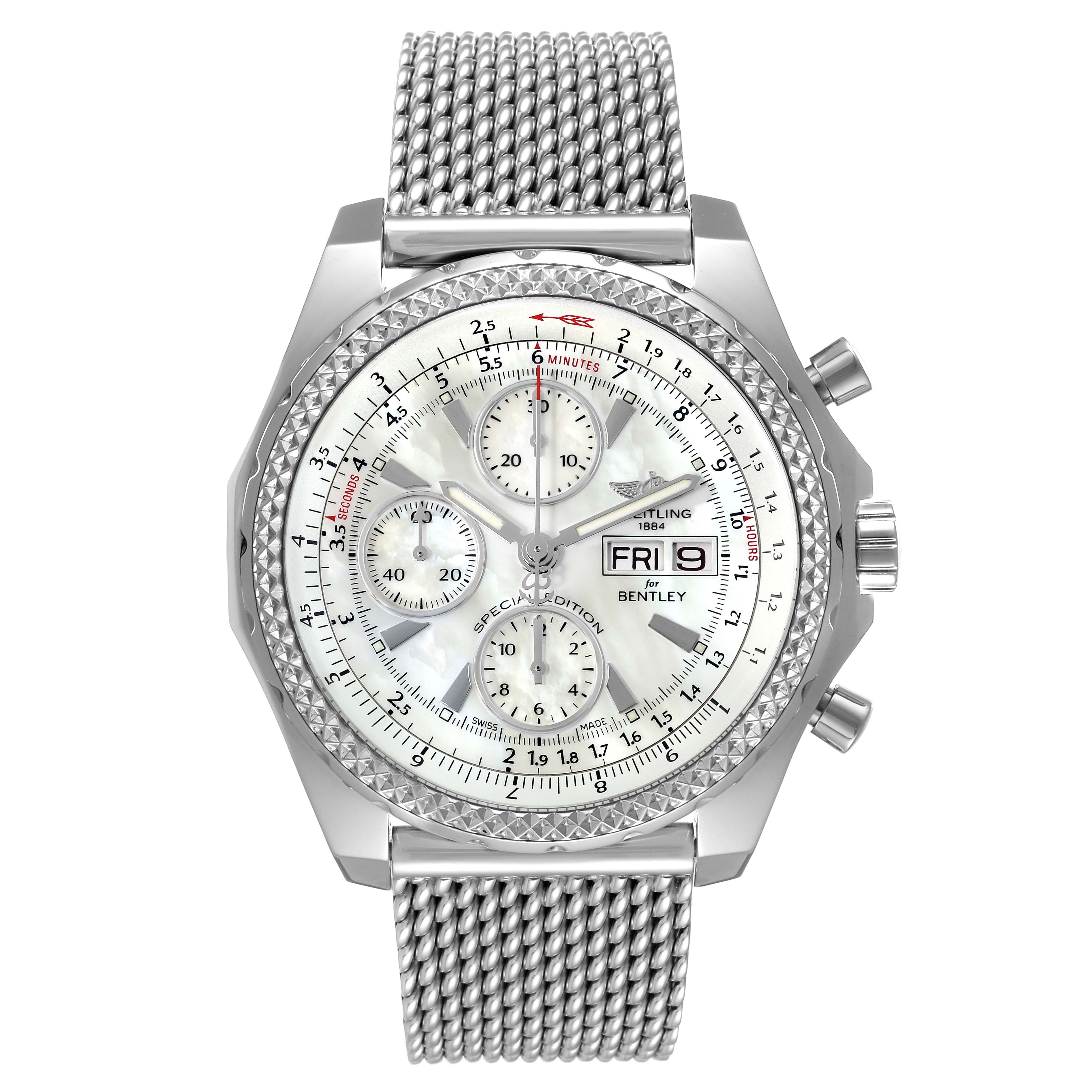 The Breitling Bentley A13362 Men's Stainless Steel Mother of Pearl Dial A13362 Men's Stainless Steel Mother of Pearl Dial model watch is shown from the front, highlighting its dial, bezel, and mesh bracelet.