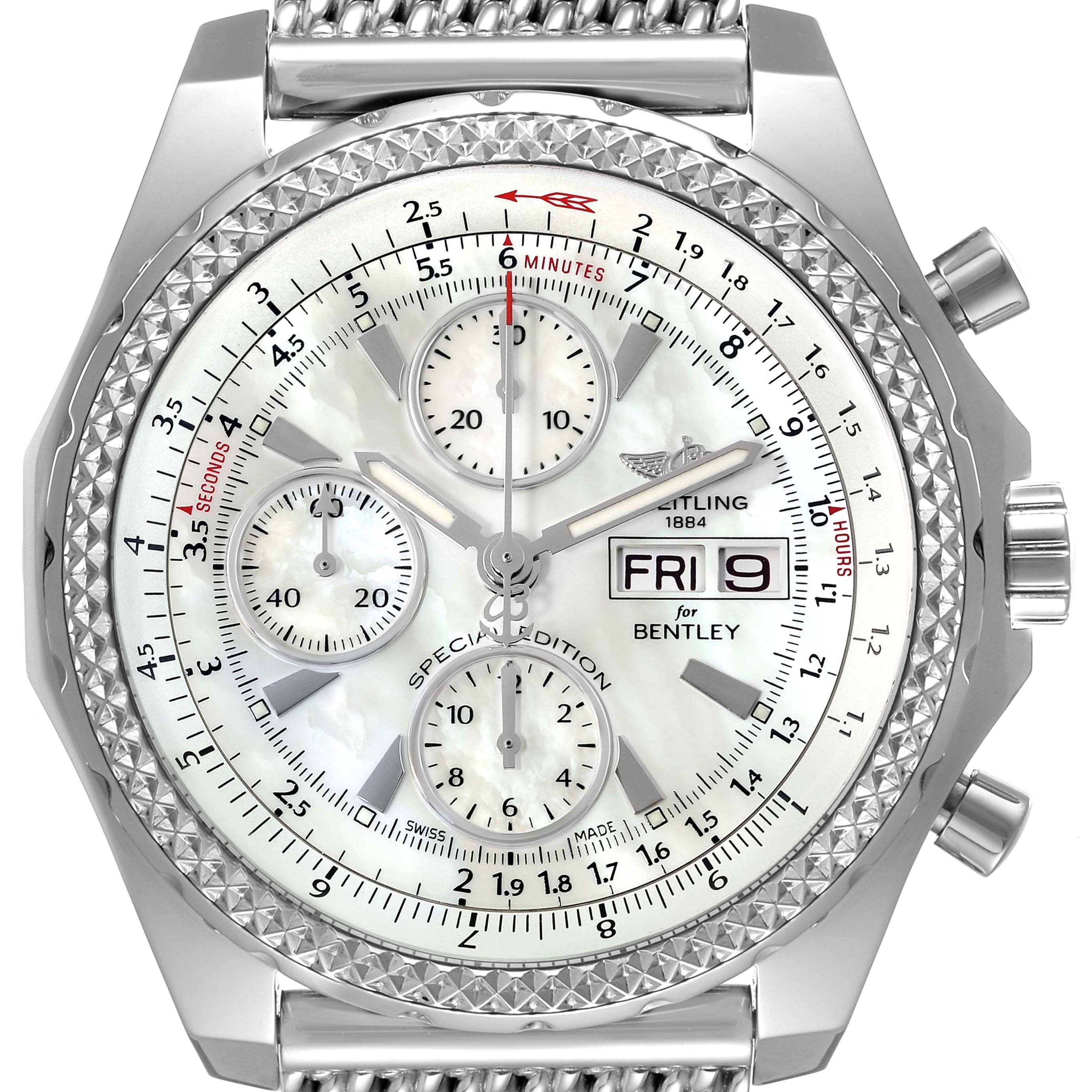 The image shows a front view of the Breitling Bentley A13362 Men's Stainless Steel Mother of Pearl Dial A13362 Men's Stainless Steel Mother of Pearl Dial watch, highlighting the dial, subdials, markers, hands, and date window.