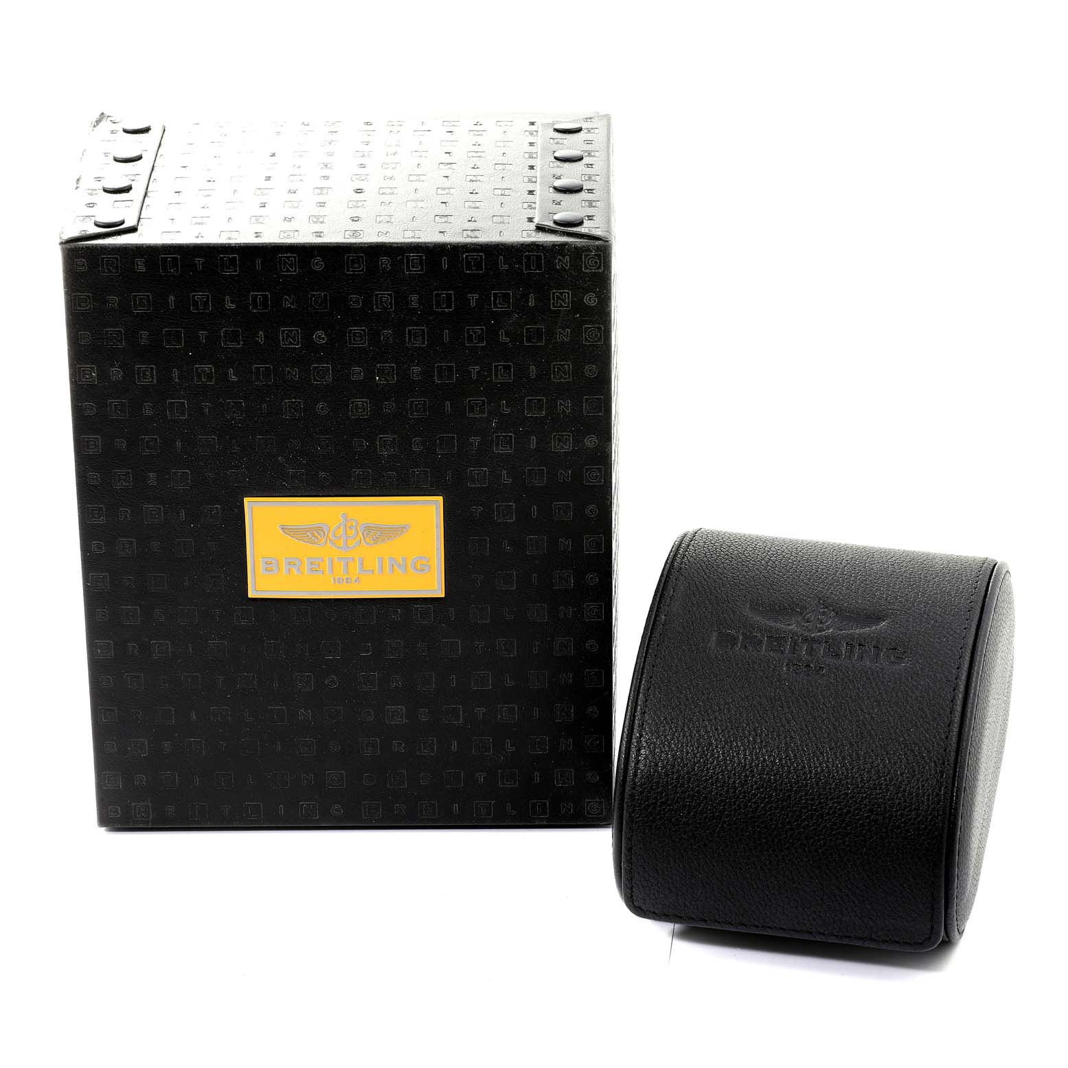 This image shows the packaging box and leather case for a Breitling Bentley A13362 Men's Stainless Steel White Dial A13362 Men's Stainless Steel White Dial model watch from a front angle.