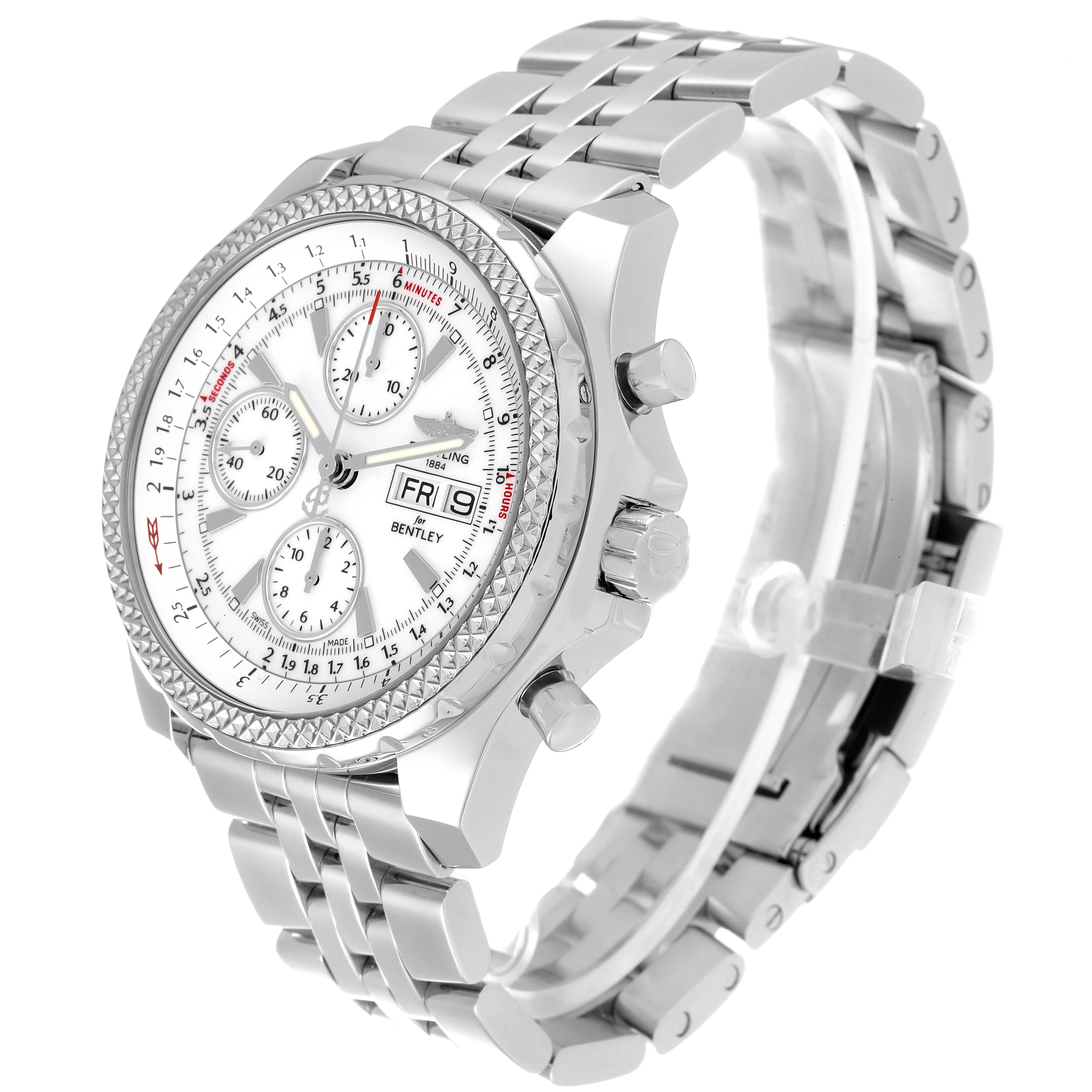 The Bentley model by Breitling is shown at a slight angle showcasing the face, side buttons, and metal band.