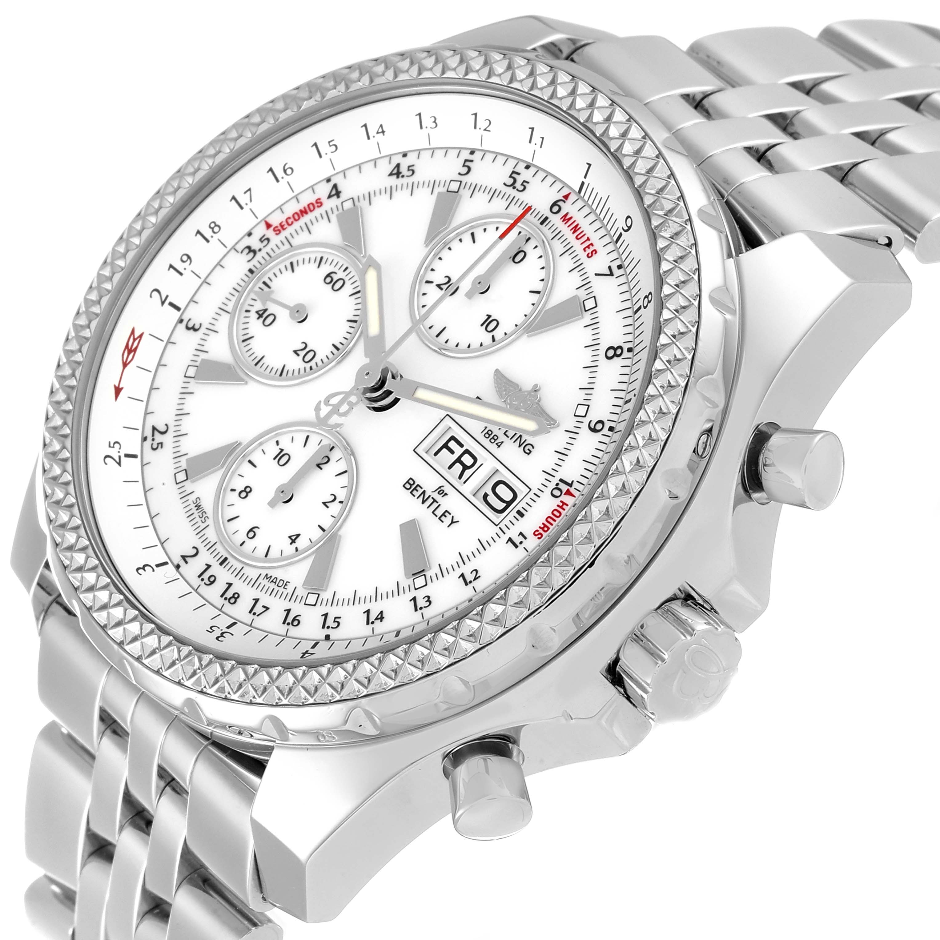 The image shows a Breitling Bentley A13362 Men's Stainless Steel White Dial A13362 Men's Stainless Steel White Dial watch at a slight angle, highlighting the face, bezel, crown, and part of the bracelet.