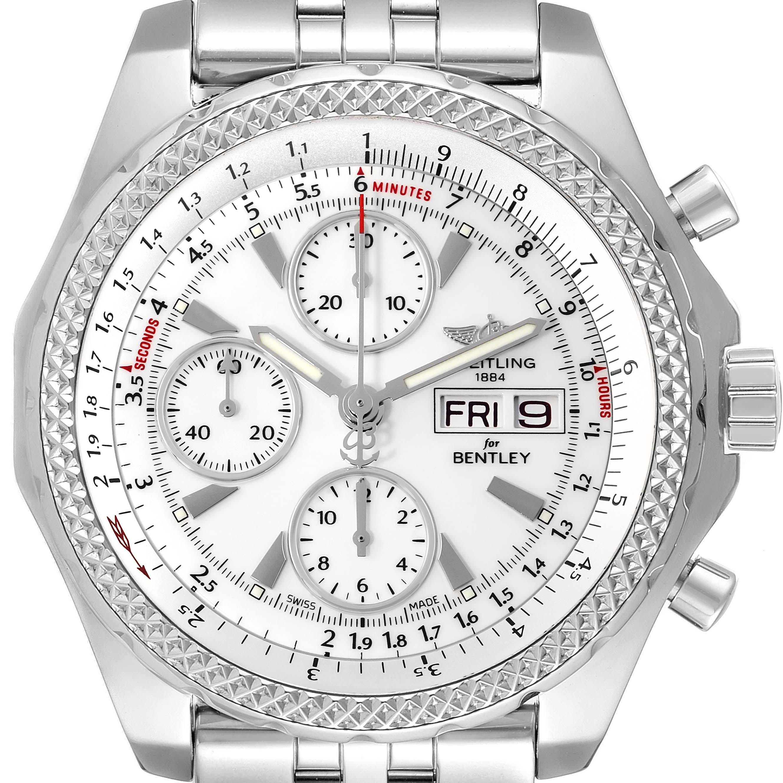 The image shows a frontal view of a Breitling Bentley A13362 Men's Stainless Steel White Dial A13362 Men's Stainless Steel White Dial watch, highlighting its face, bezel, dials, and part of the bracelet.