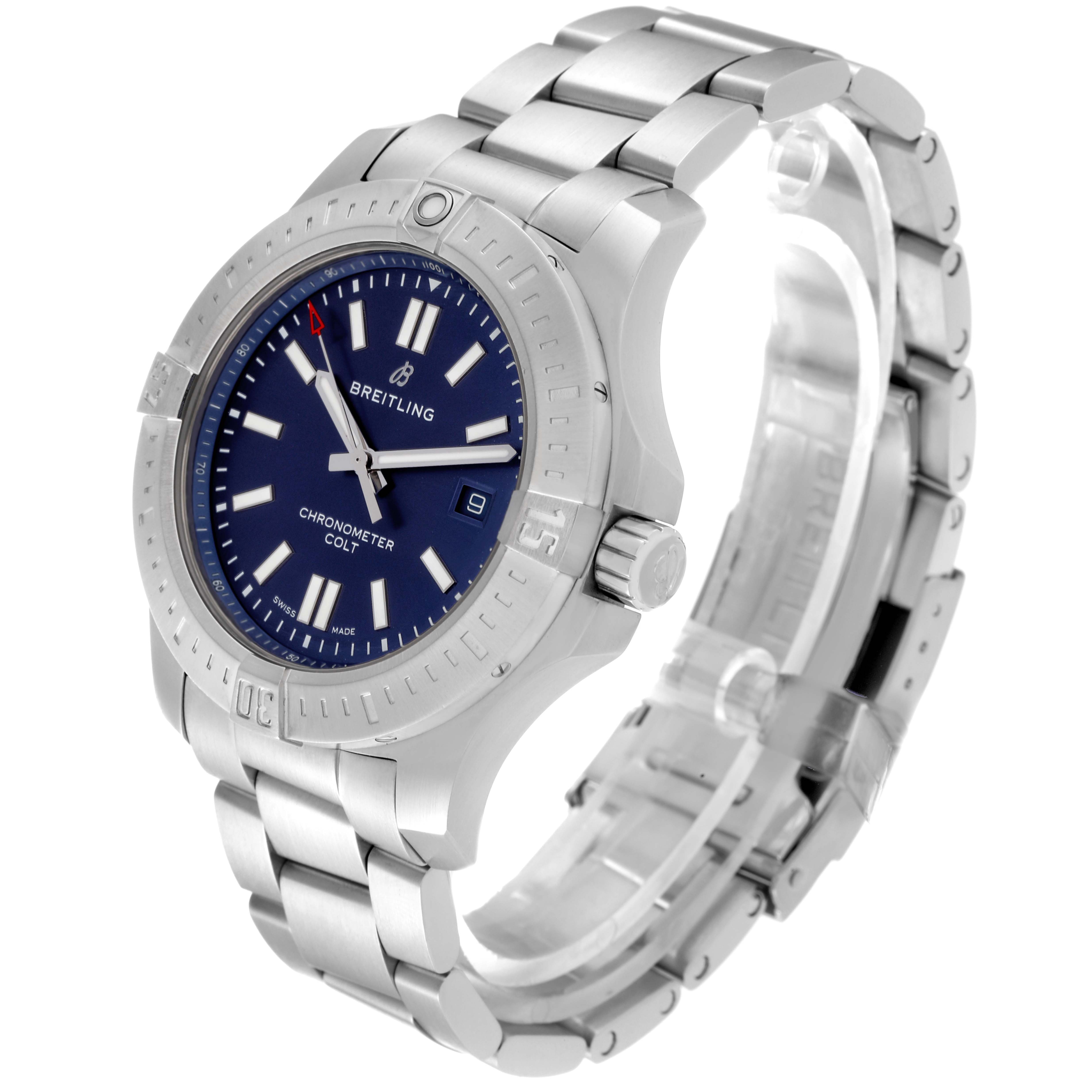 The Breitling Colt A17388 Men's Stainless Steel Blue Dial A17388 Men's Stainless Steel Blue Dial watch is shown at a slight angle from the front-right, displaying the face, bezel, crown, and bracelet.