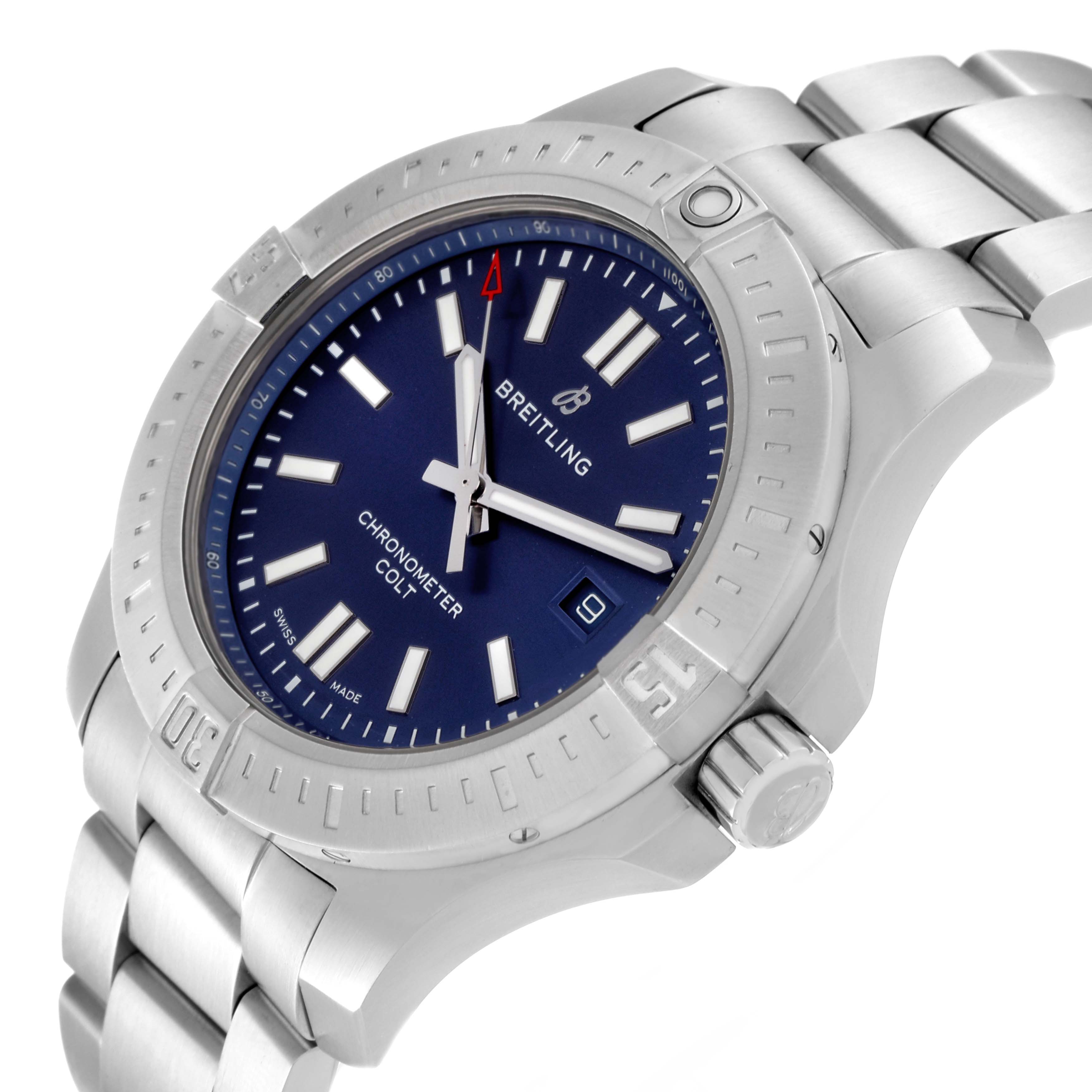 This image shows a Breitling Colt A17388 Men's Stainless Steel Blue Dial A17388 Men's Stainless Steel Blue Dial watch from an angled view, highlighting the dial, bezel, bracelet, and crown.