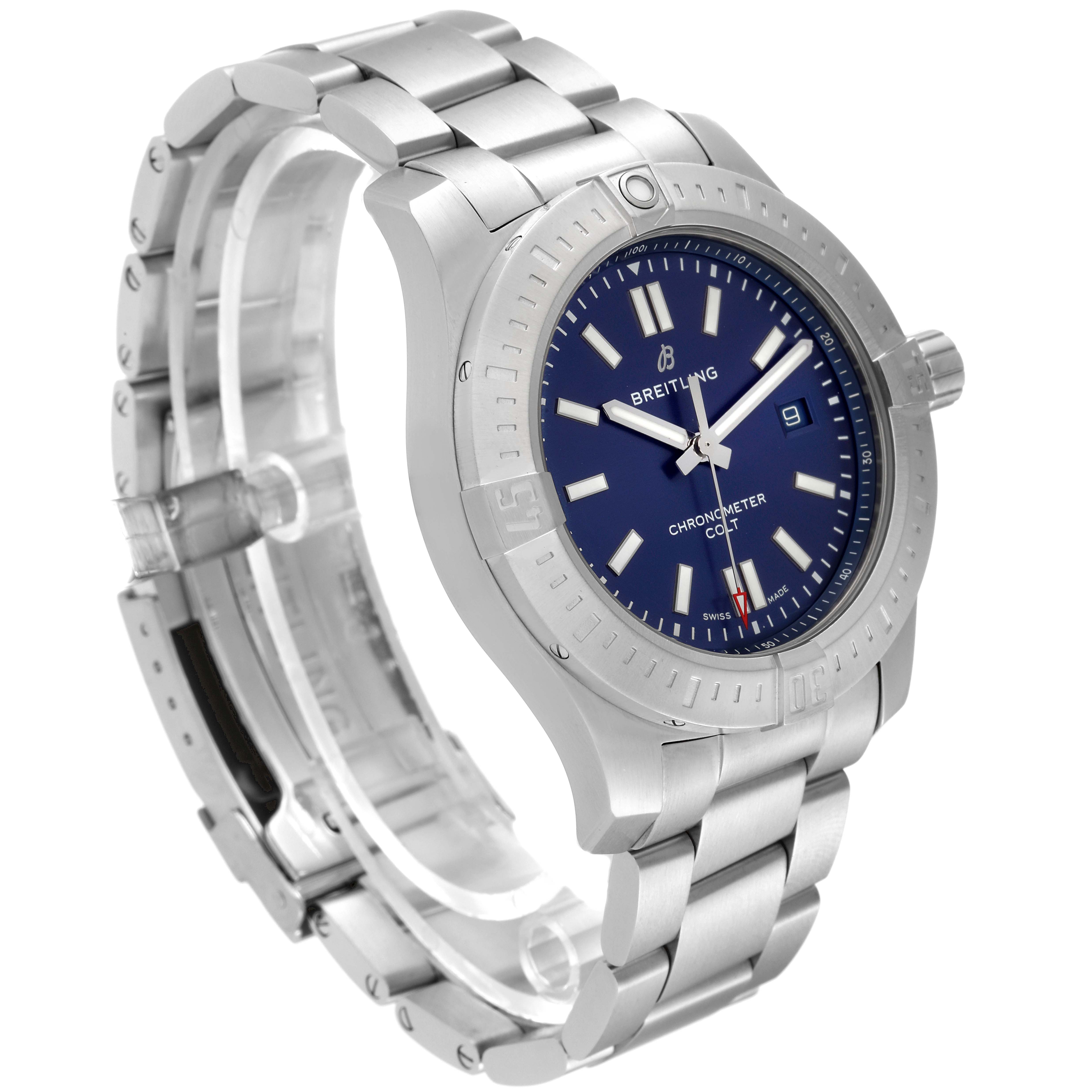 The image shows a Breitling Colt A17388 Men's Stainless Steel Blue Dial A17388 Men's Stainless Steel Blue Dial watch at a three-quarter angle, highlighting its blue dial, bezel, and metal bracelet.