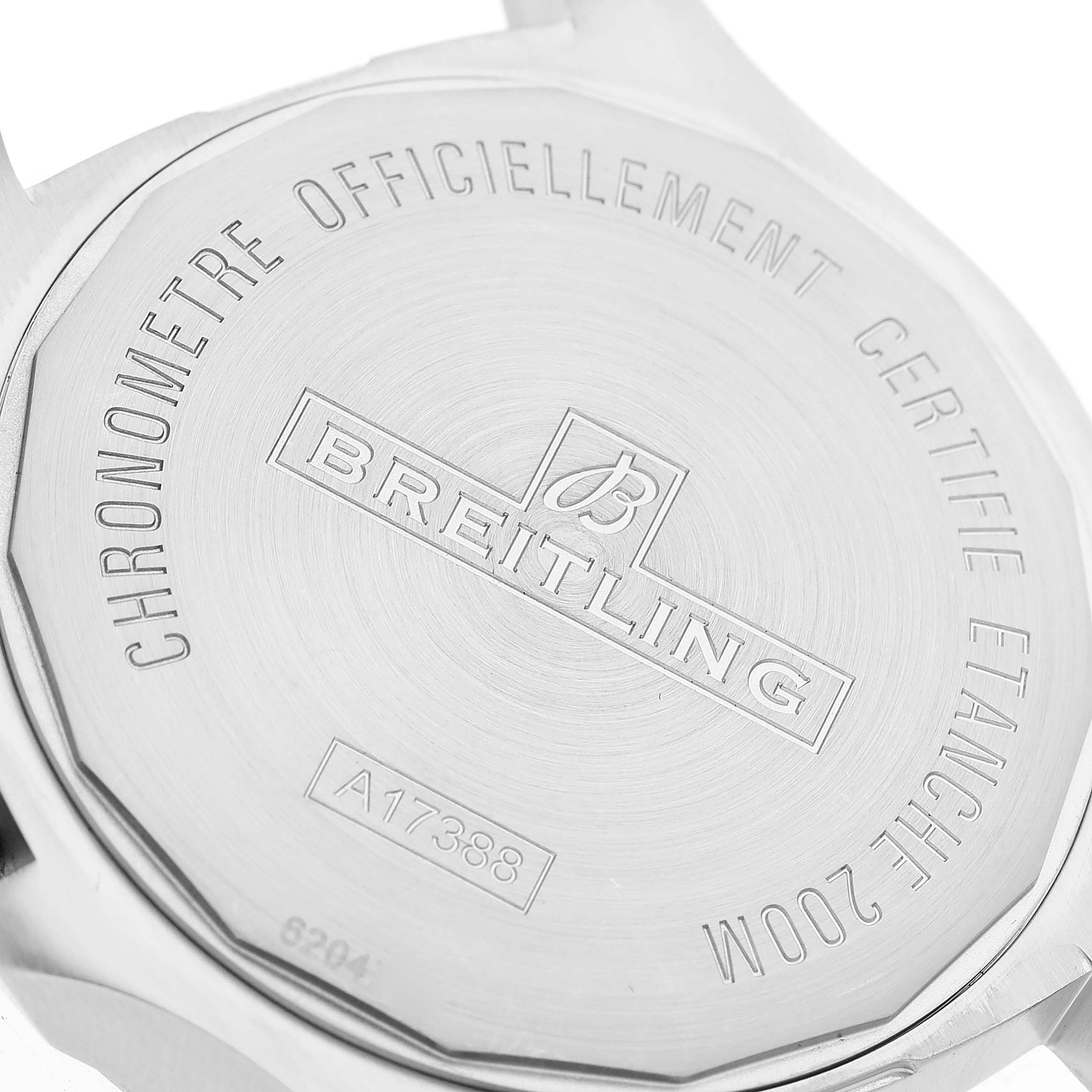 The image shows the engraved back case of the Breitling Colt A17388 Men's Stainless Steel Blue Dial A17388 Men's Stainless Steel Blue Dial watch model.